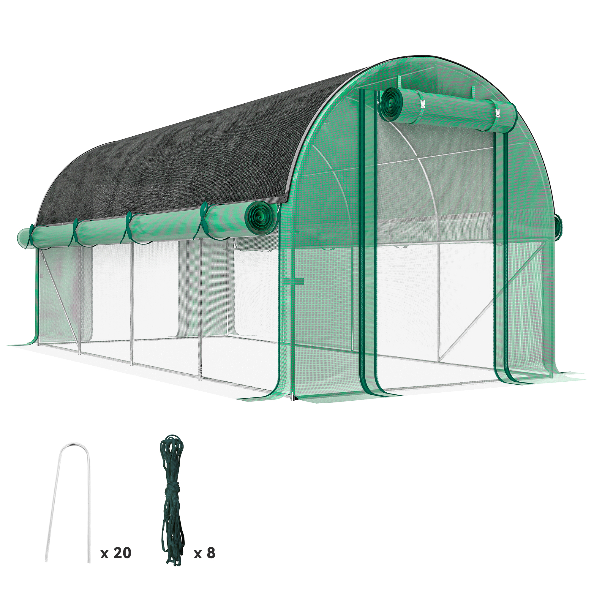 Outsunny Invernadero de Exterior 4,5x2x2 m Invernadero de Túnel con Paredes Laterales Enrollables Cubierta Extra 8 Ventanas de Malla y 2 Puertas Enrollables Invernadero para Jardín Patio Verde