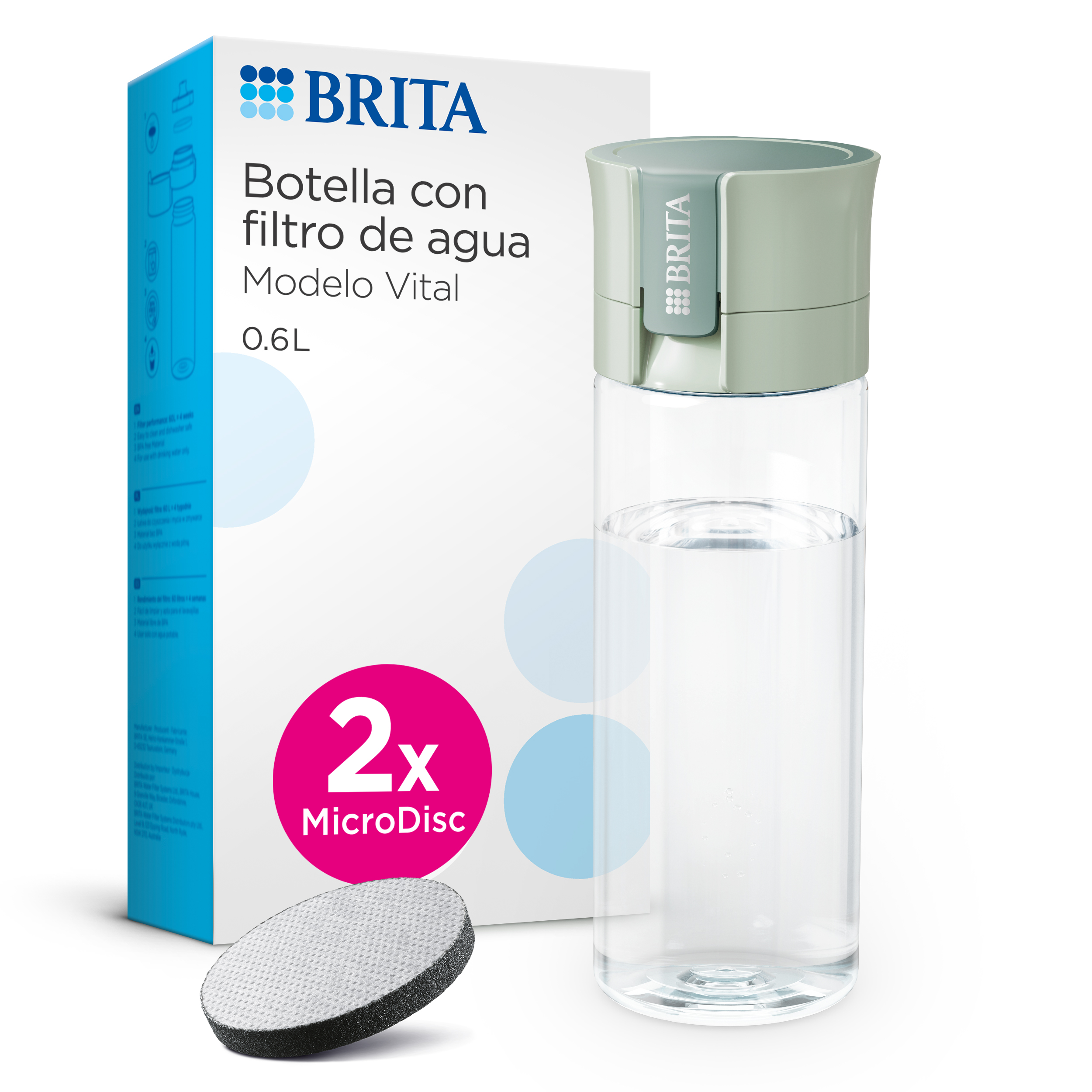 BRITA Botella Filtrante de Agua_ Mod. VITAL Verde Claro (600 ml)_ Incluye 2 filtros MicroDisc_ para hidratarse en cualquier lugar_ elimina cloro_ impurezas_ hormonas y preserva minerales