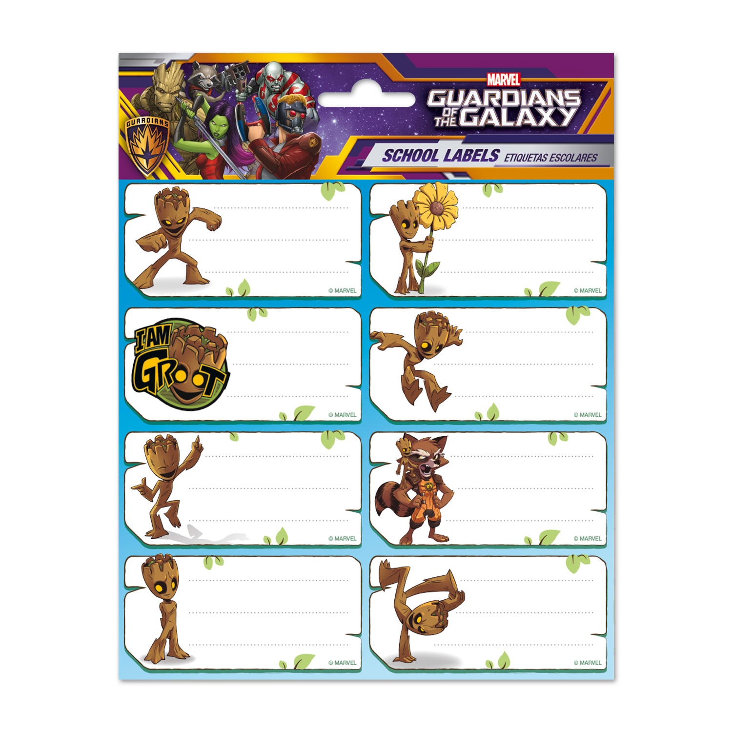 Grupo Erik Etiquetas adhesivas Marvel Groot - Pegatinas libro nombres/Pack etiquetas escolares - Papeleria Marvel - Producto con licencia oficial