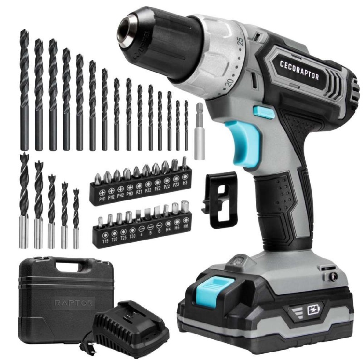 Cecotec Taladro de Batería CecoRaptor Perfect Drill, 20V y 2000 mAh, Velocidad de 1550 rpm, Torque Máximo 46 Nm, 25+1 Posiciones
