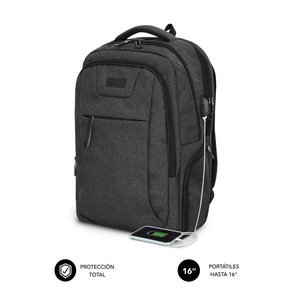 Subblim - Mochila SUBBP-4PA2100 profesional con acolchado Air Padding para portátil de 16 pulgadas, resistente al agua y con puerto USB integrado