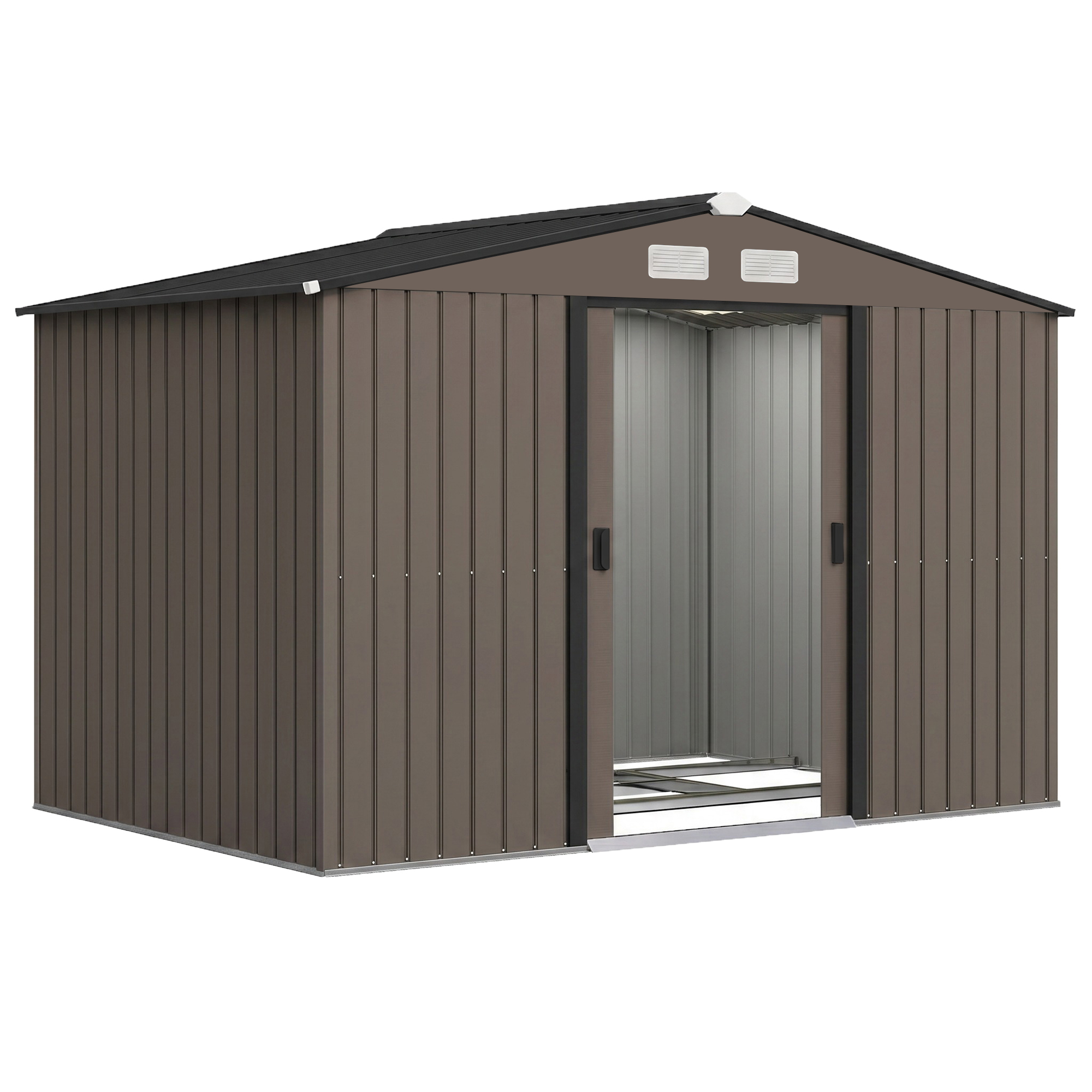 Outsunny Caseta de Jardín Exterior 4,9 m², 277x195x192 cm, Cobertizo de Jardín Exterior Metálico con Puerta Corredera, Ventilación y Kit de Fundación, para Almacenamiento de Herramientas, Marrón
