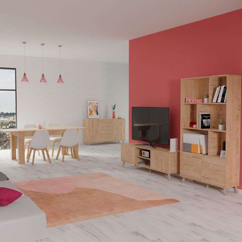 Miroytengo Pack de Muebles de Salón Comedor Oslo Estilo Natrual en Roble Gold (Mesa de Comedor Extensible + Mueble de TV + Aparador + Librería