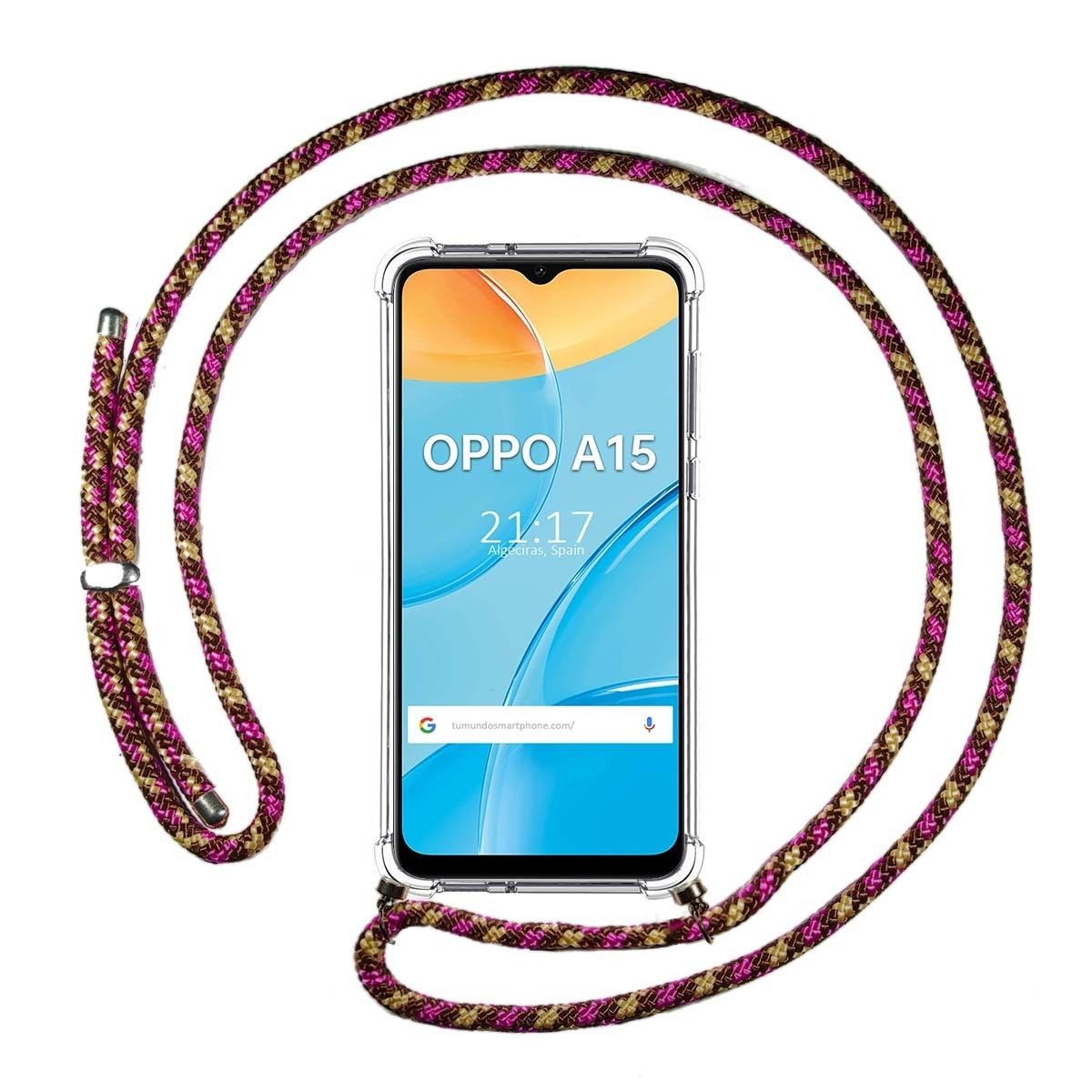 Tumundosmartphone Funda Colgante Transparente para Oppo A15 con Cordon Rosa / Dorado
