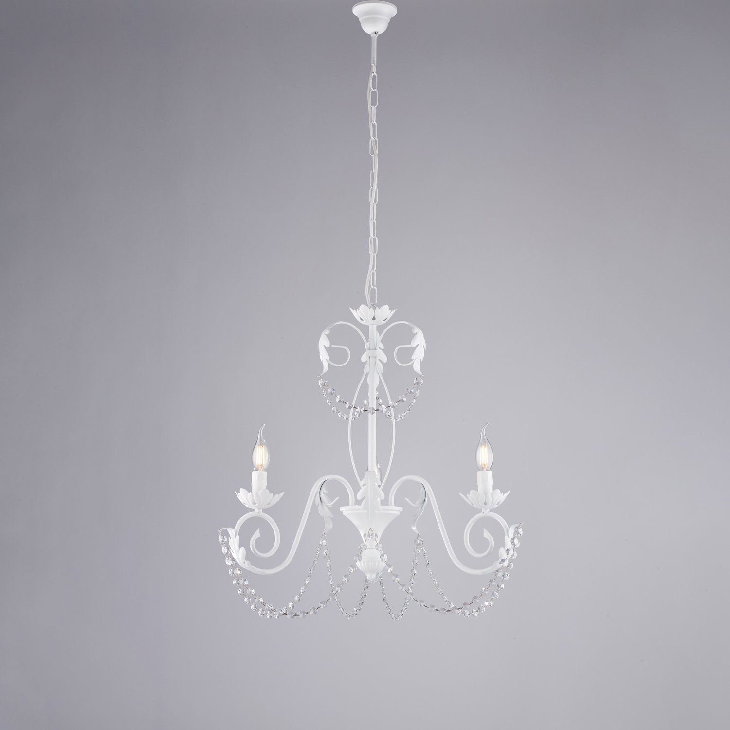 Araña Shabby Damascus 3 Luces de Hierro sopladas Blanco y Cristales