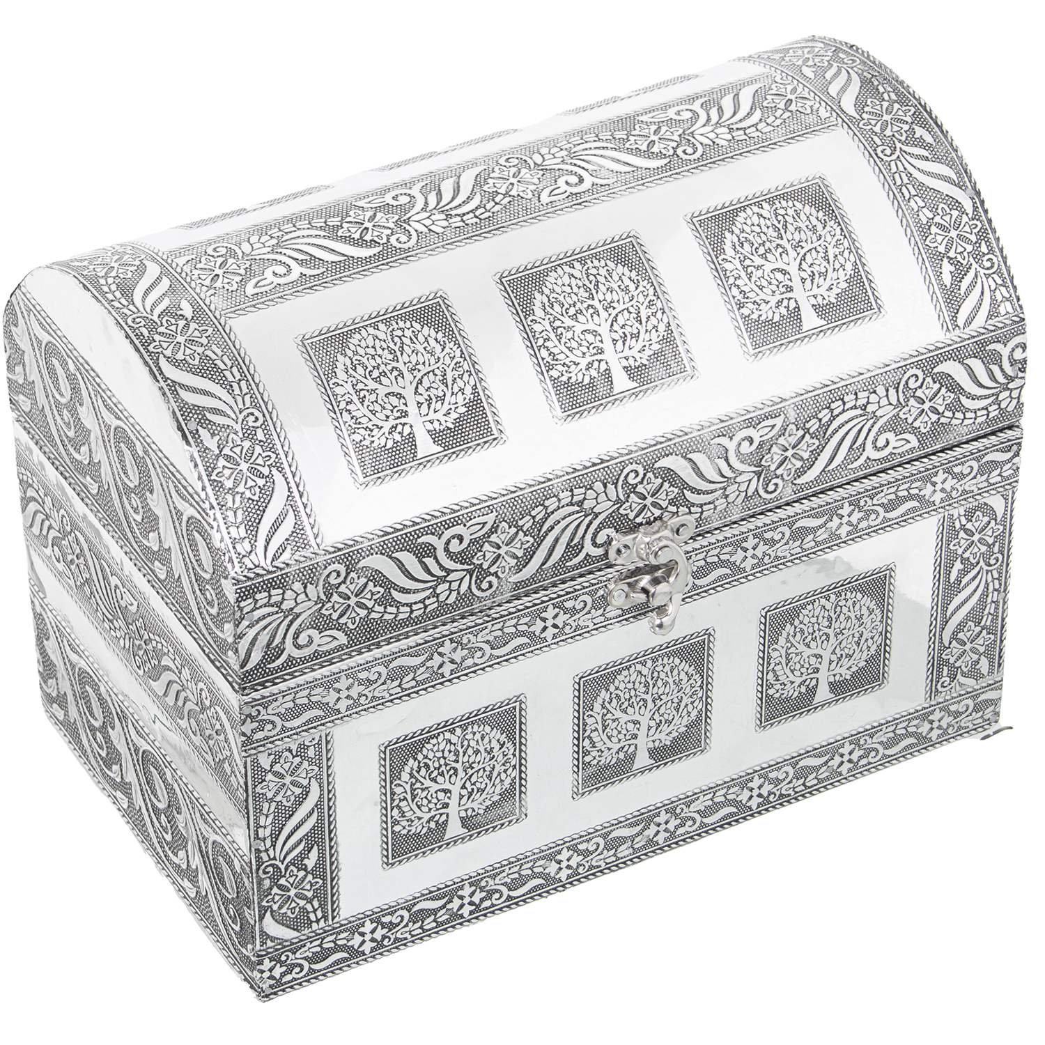 Joyero metal baul plateado arbol de la vida 25x15x18cm