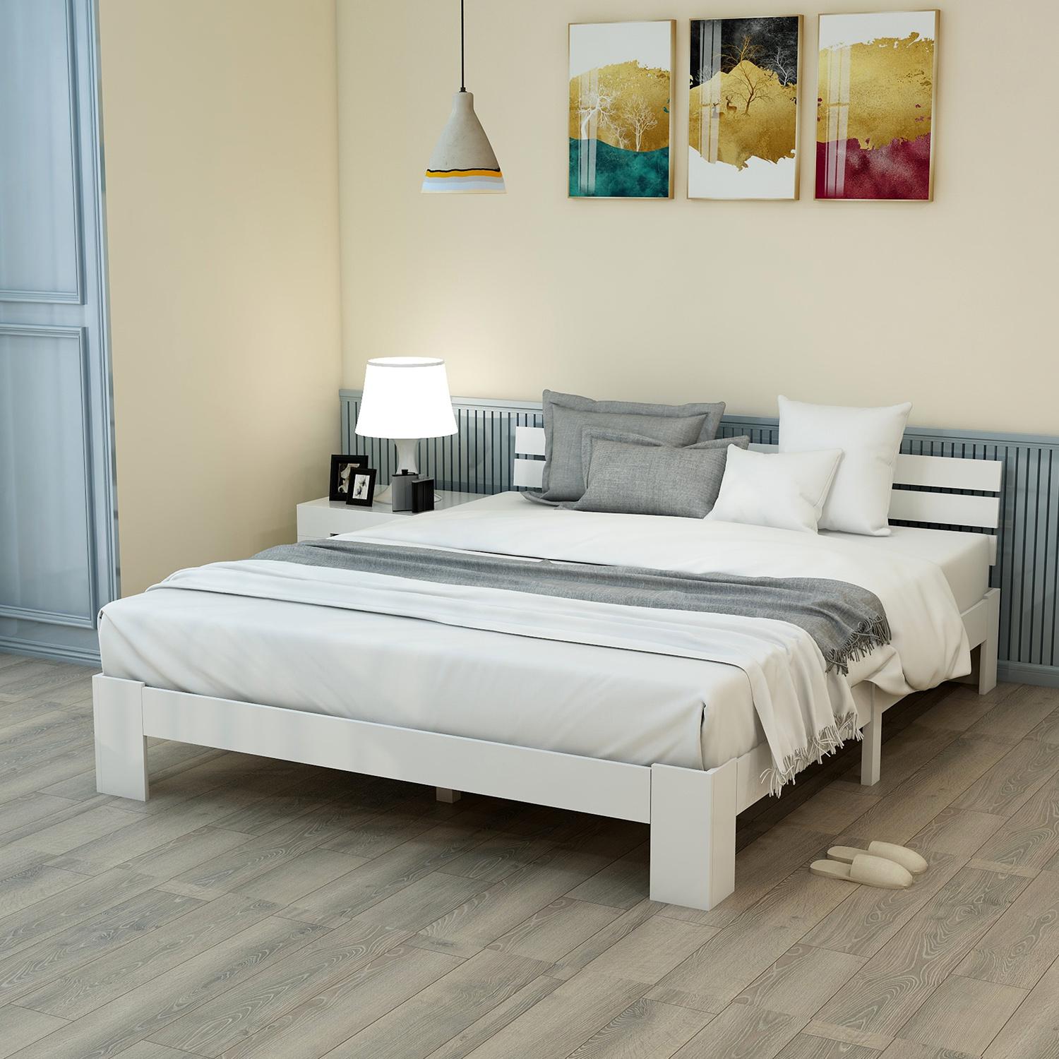 Lit double blanc en bois massif 140 x 200 cm avec tête de lit et sommier à lattes