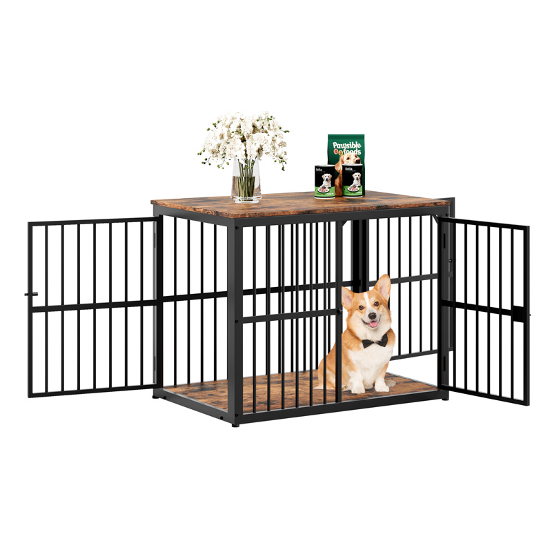 Cage pour chien meuble modulaire noir et brun rétro avec trois portes et plateau supérieur, dimensions 84 x 56 x 66 cm