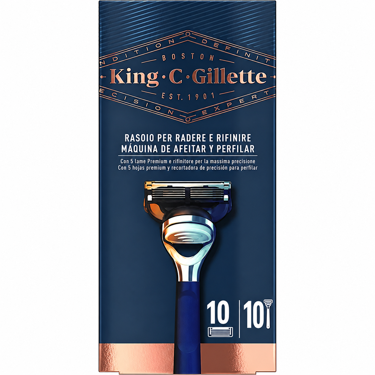 Gillette King C. 10 maquinillas de afeitar de 5 hojas para afeitar y perfilar barba para hombre + 10 recambios con recortadora de precisión integrada