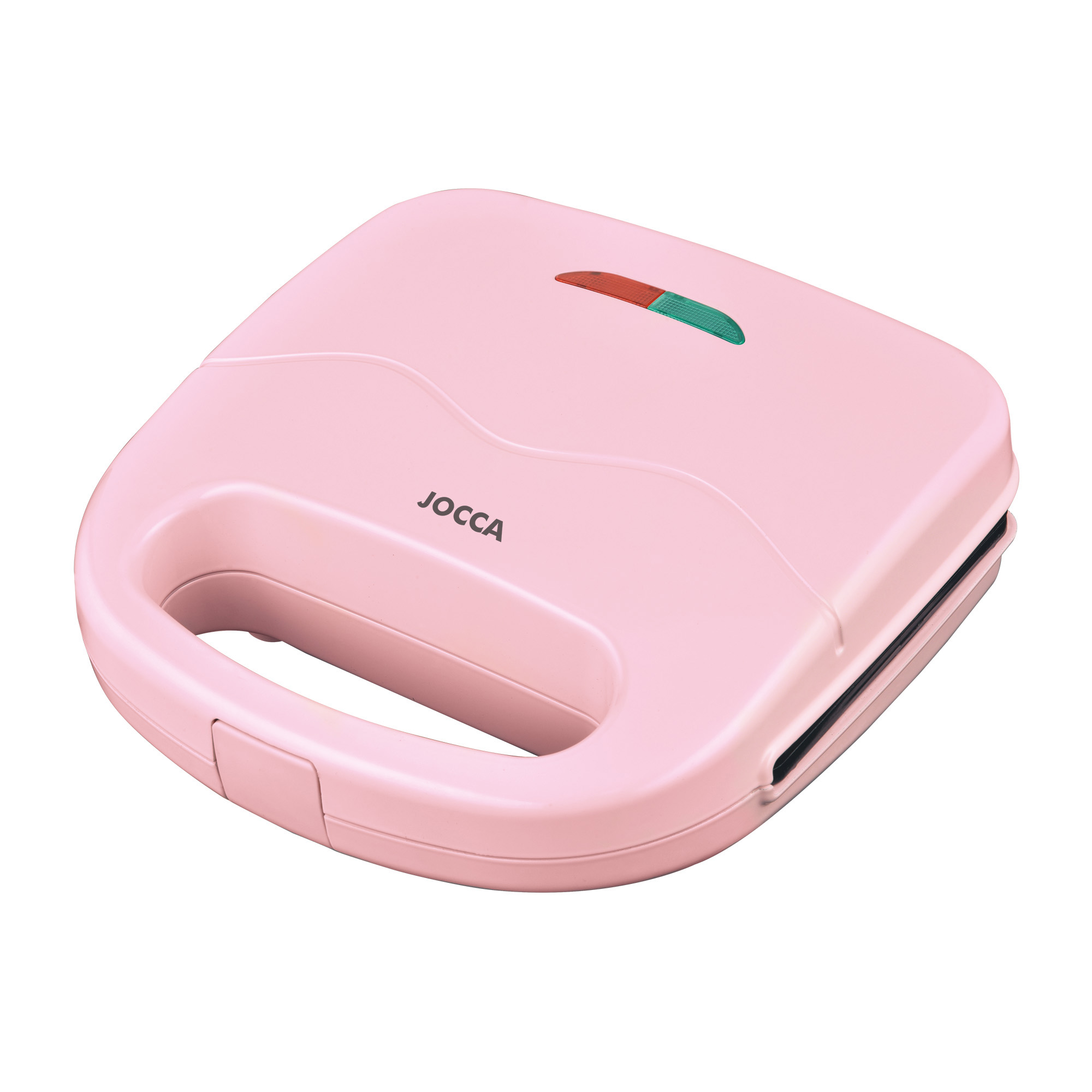 Sandwichera Jocca rosa de la línea Sweet de diseño compacto con placas grill de revestimiento antiadherente fáciles de limpiar, indicadores luminosos, mango termoaislante con sistema de bloqueo y 750W de potencia