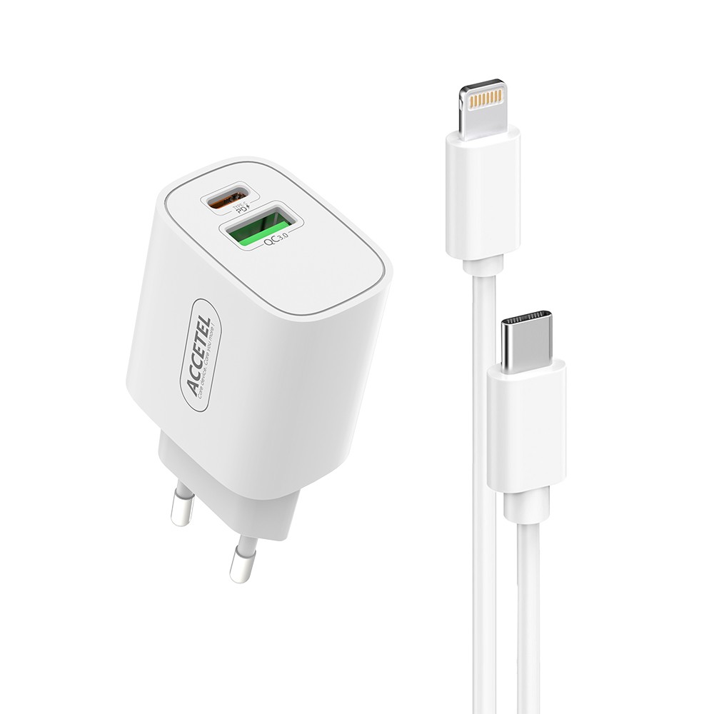 Cargador Pared Carga Rápida USB-C+USB-A QC3.0/PD 20W - Cable USB-C a Lightning AC823