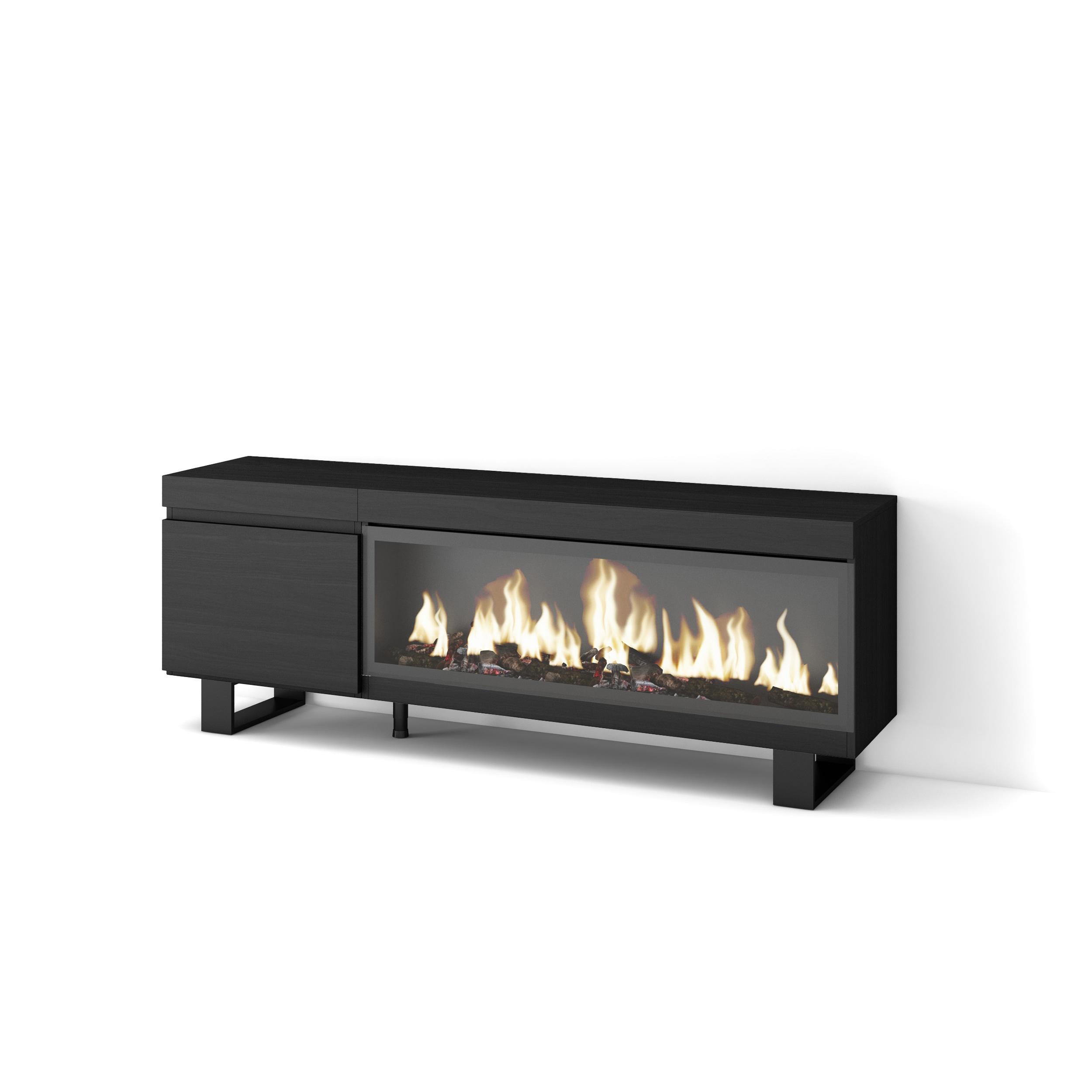 Skraut Home, Mueble Televisión, 158x35x57cm, Fuego Led XXL efecto 3D, Veteado de madera, Tacto poroso de alta calidad