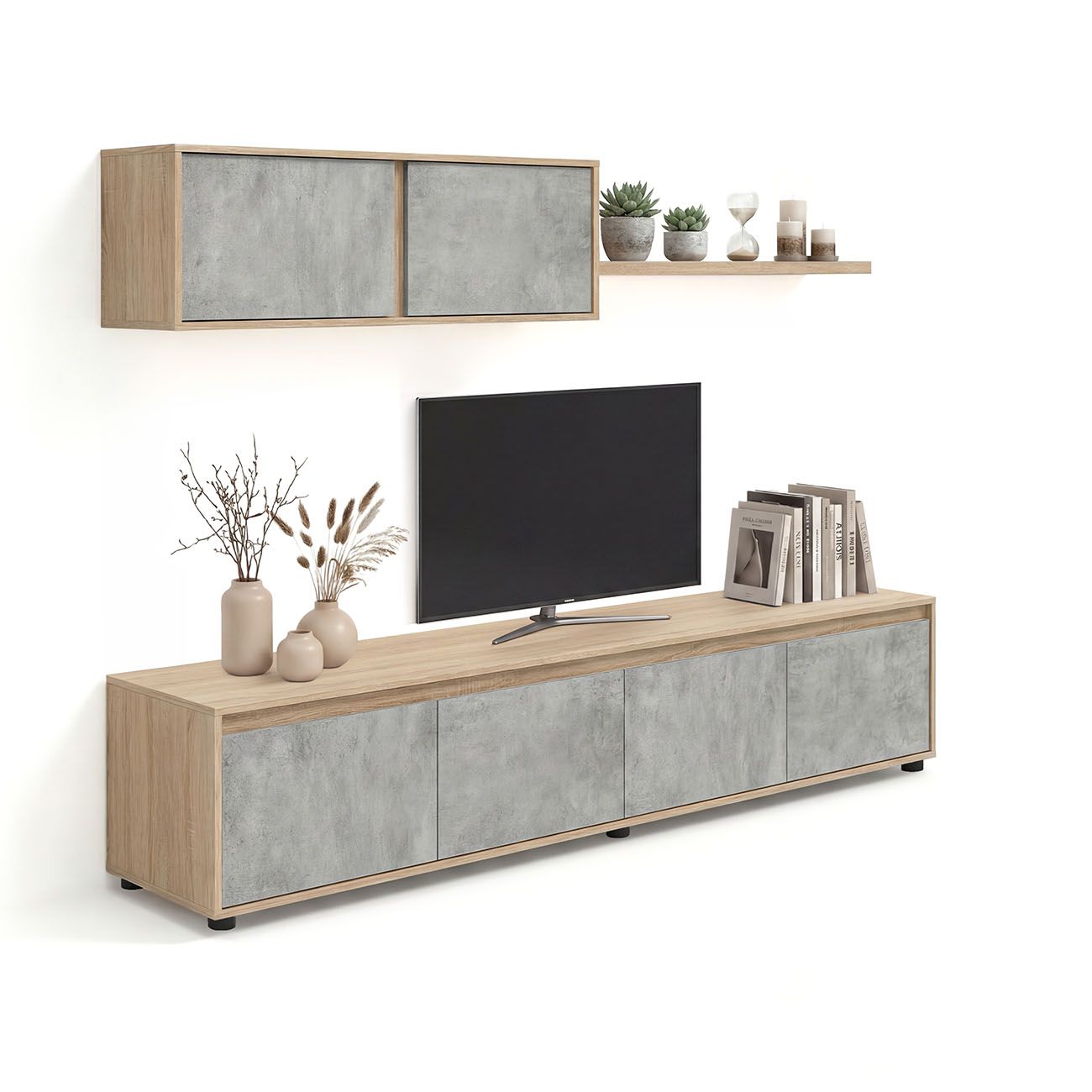 duehome - Salón con mueble de TV y estantería 200 cm Arlet