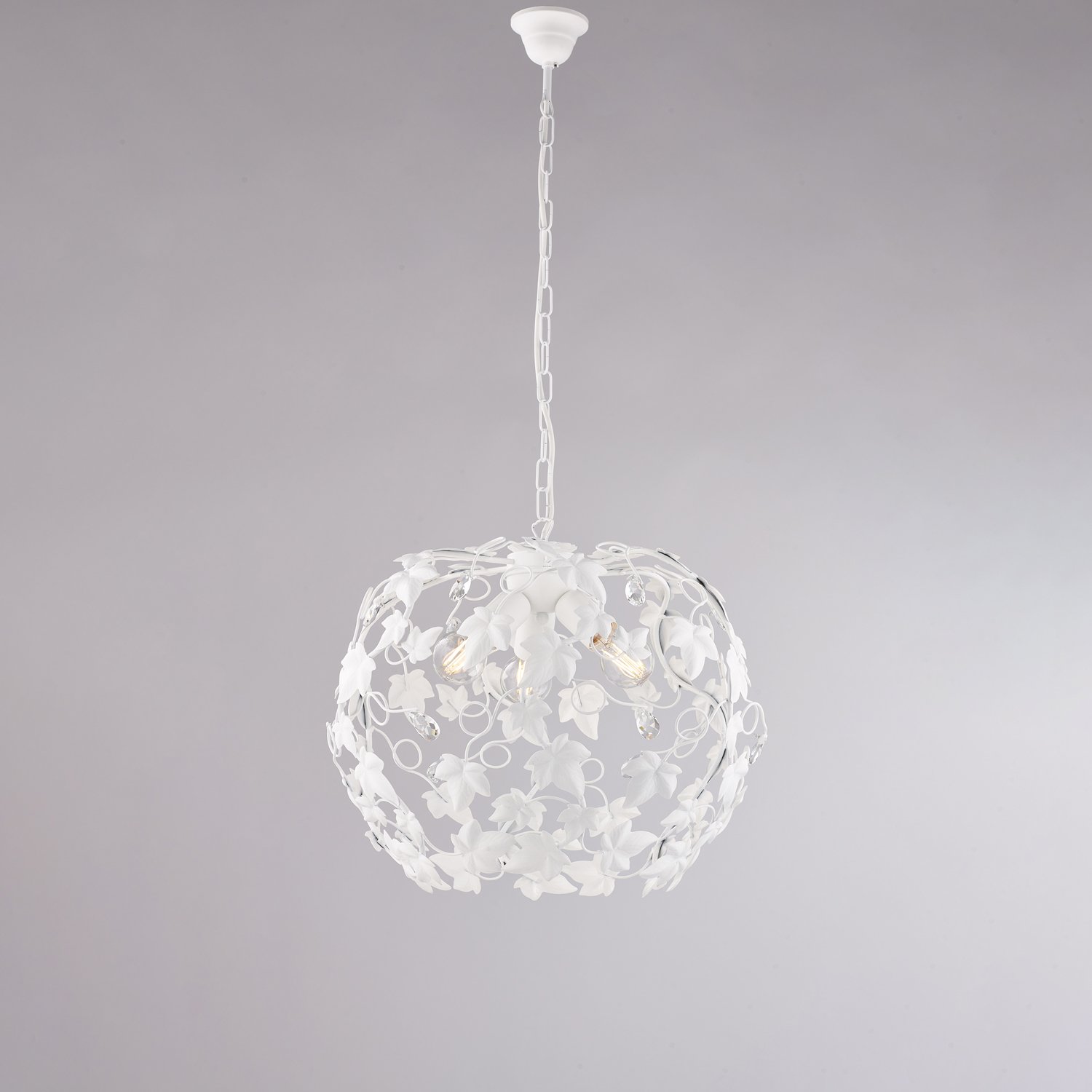 Araña Shabby Ivy 3 Luces Hierro soplada Blanco con Hojas y Cristales