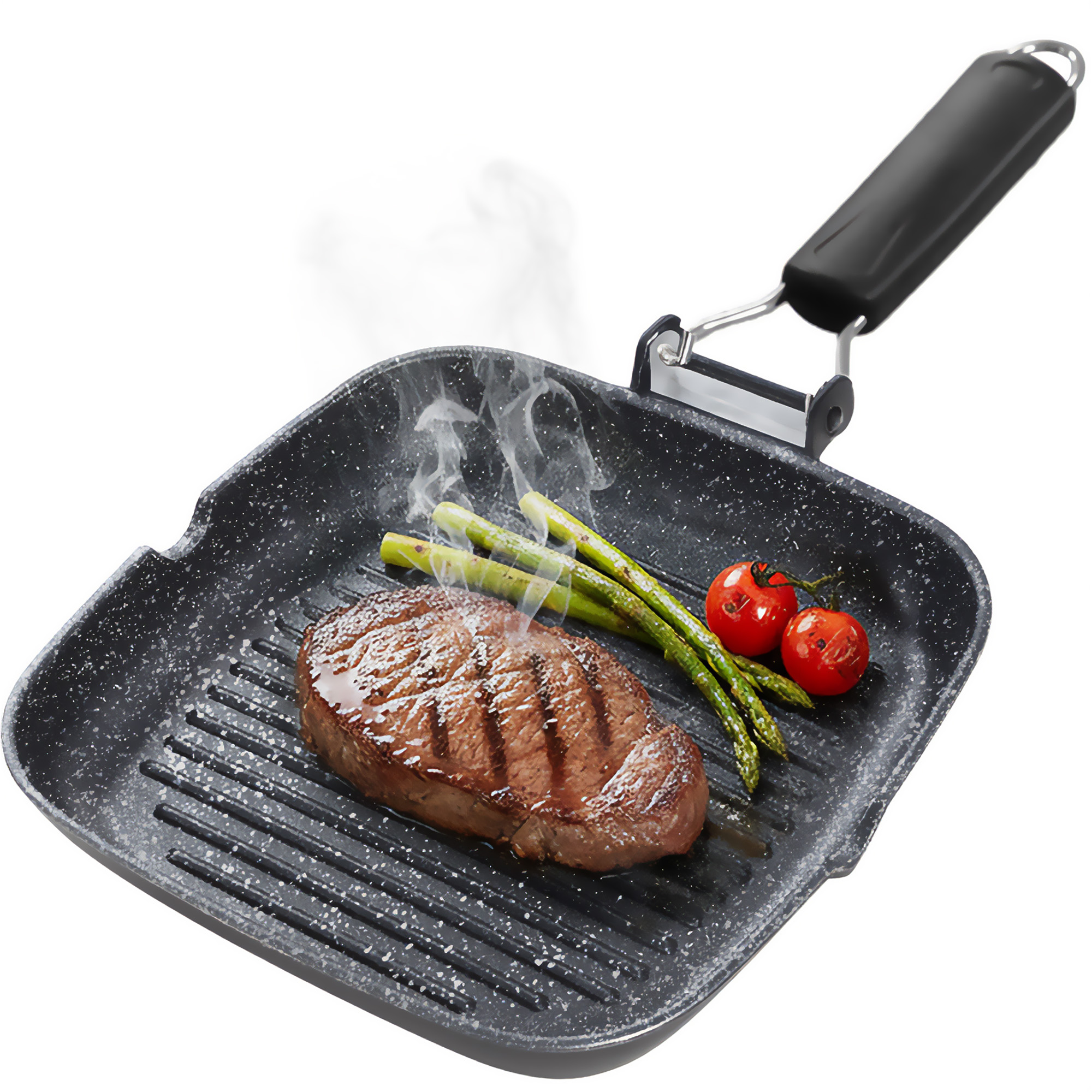 Briebe GP1159 Grill Asador, Inducción, Antiadherente Titanio 28x28cm Aluminio Fundido sin PFOA Mango Plegable, , Negro