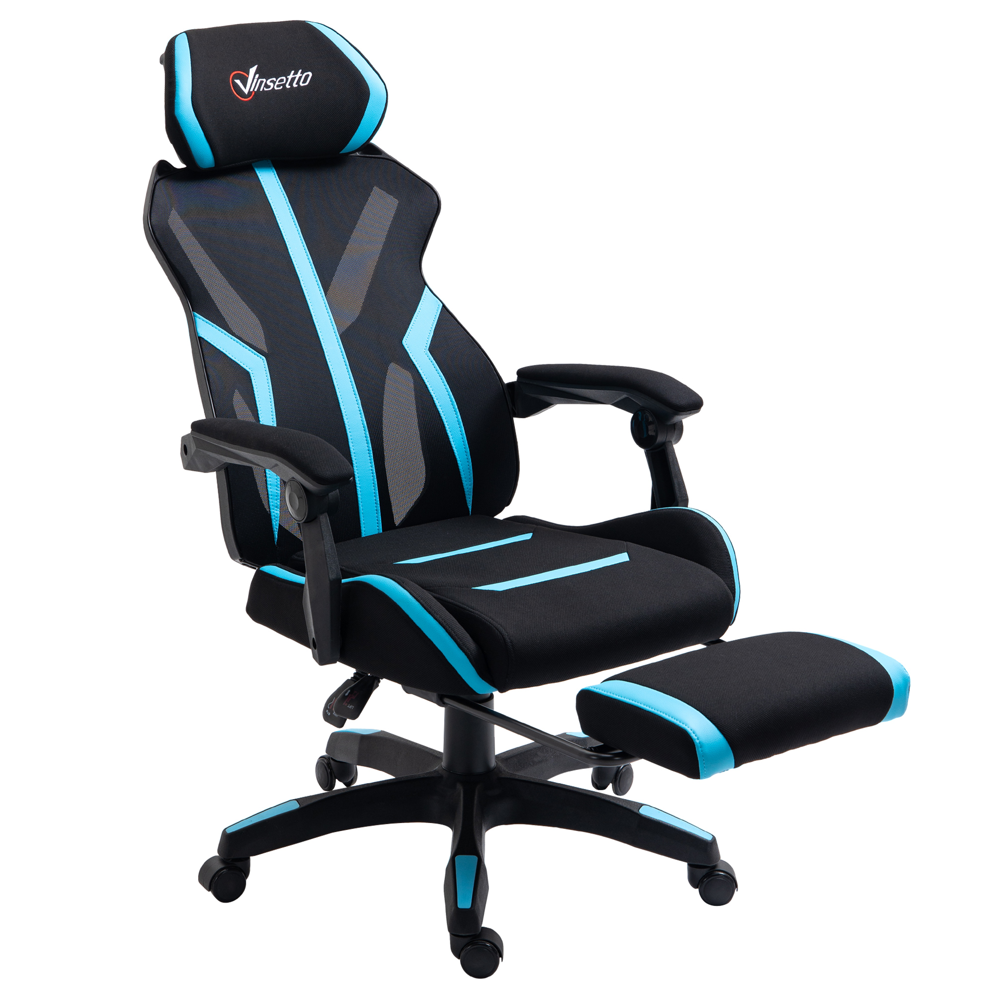 Vinsetto Silla Gaming con Reposapiés Retráctil Silla de Oficina Giratoria Reclinable con Reposacabezas y Altura Ajustable 65x65x119-129 cm Negro