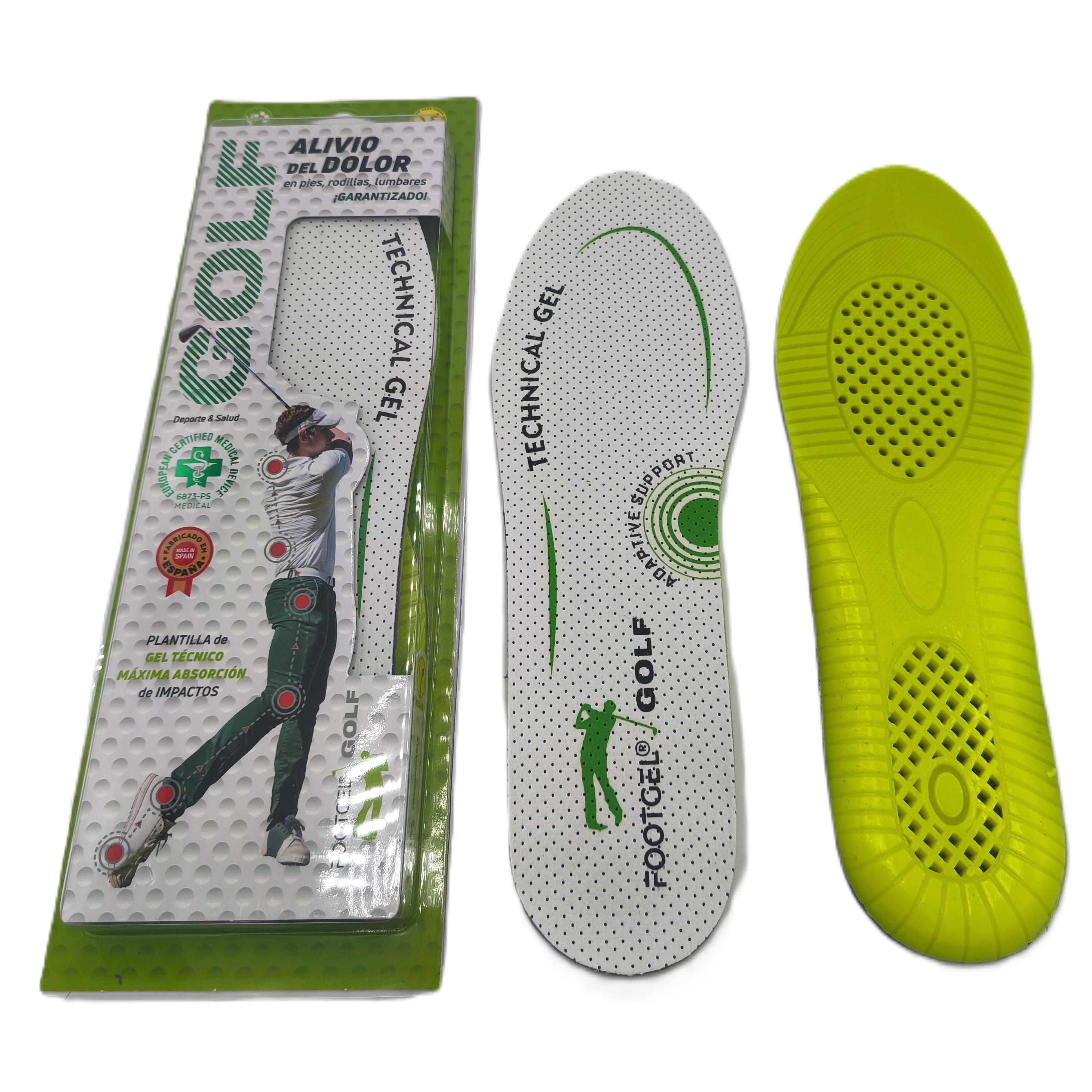 FOOTGEL - GOLF . Plantilla diseñada específicamente para golfistas que buscan combinar alivio del dolor, comodidad, estabilidad y protección durante largas jornadas en el campo
