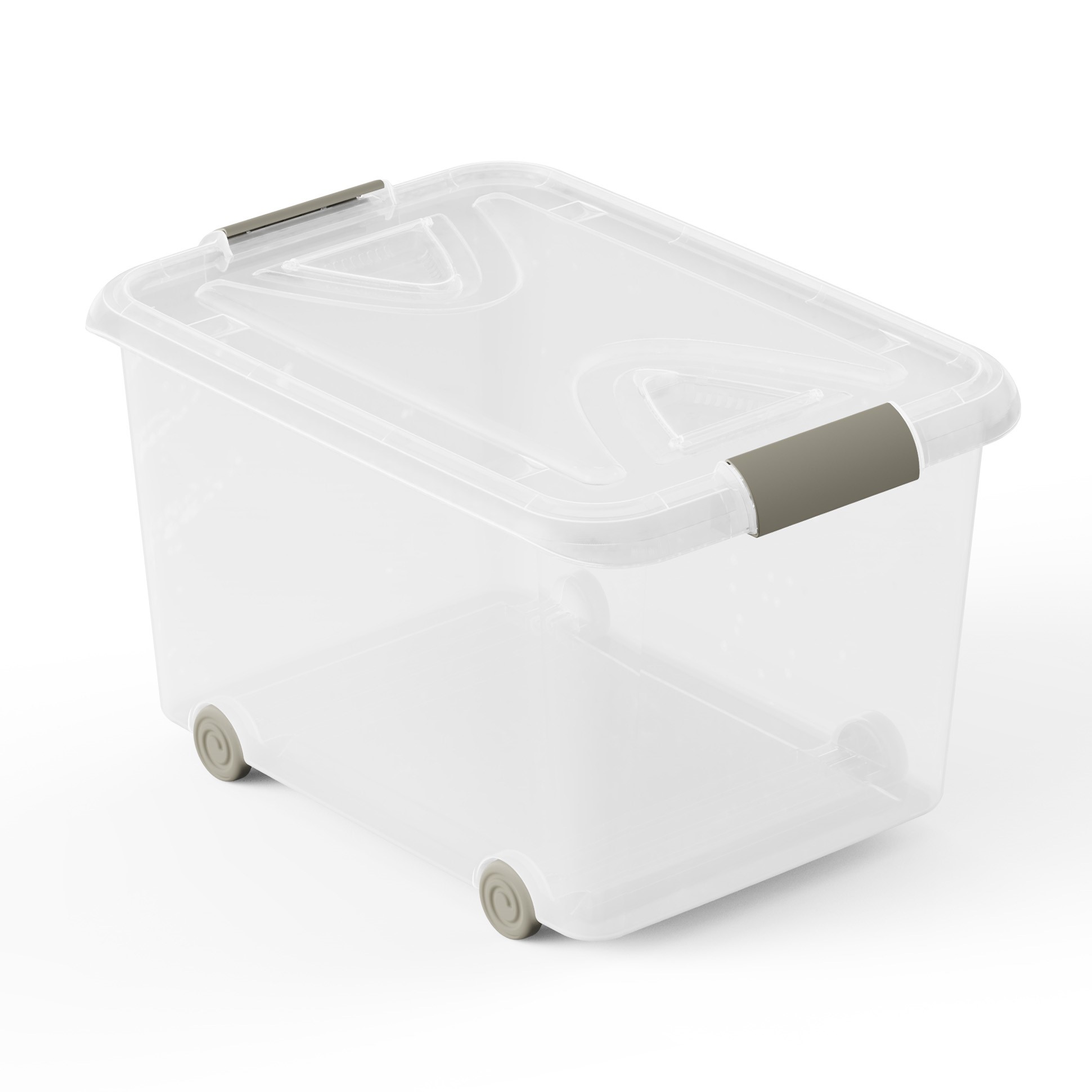 Caja de almacenaje de plástico transparente con ruedas y tapa, Capacidad 70 L, Medidas: 63x45x38 cm