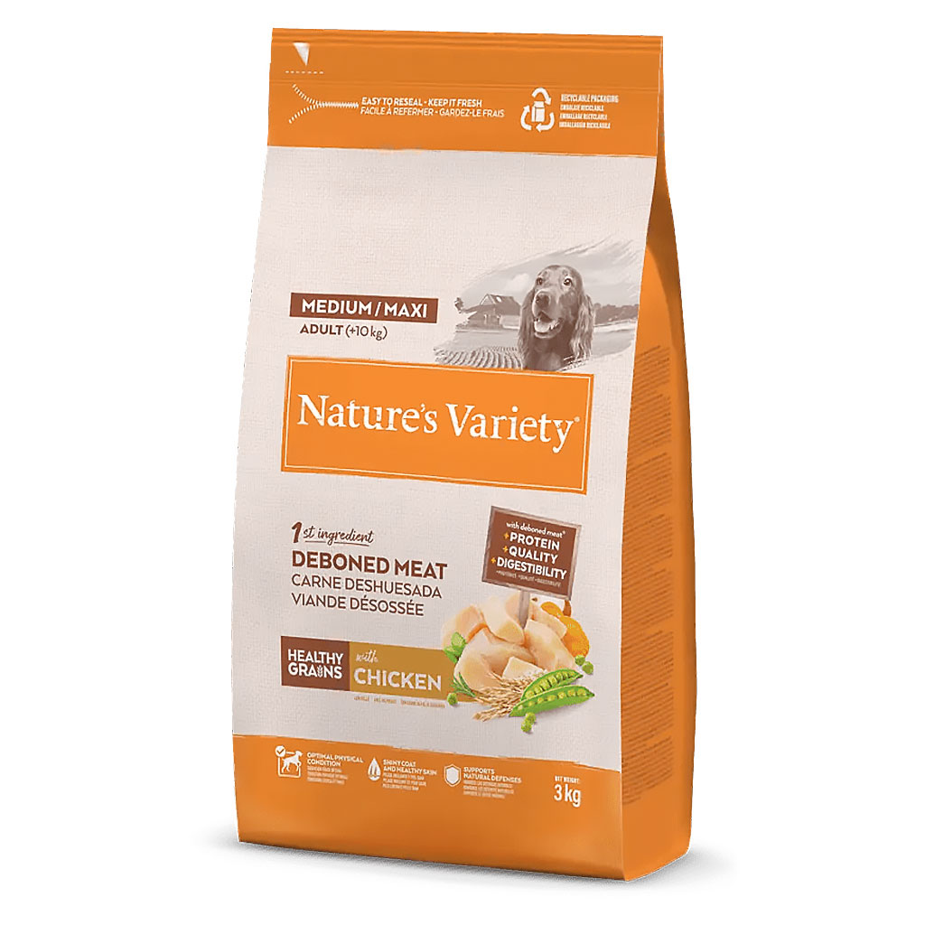 Natures Variety Healthy Grain Medium Maxi Pollo, 3kg - Pienso Premium para Perros Adultos de Razas Medianos y Grandes