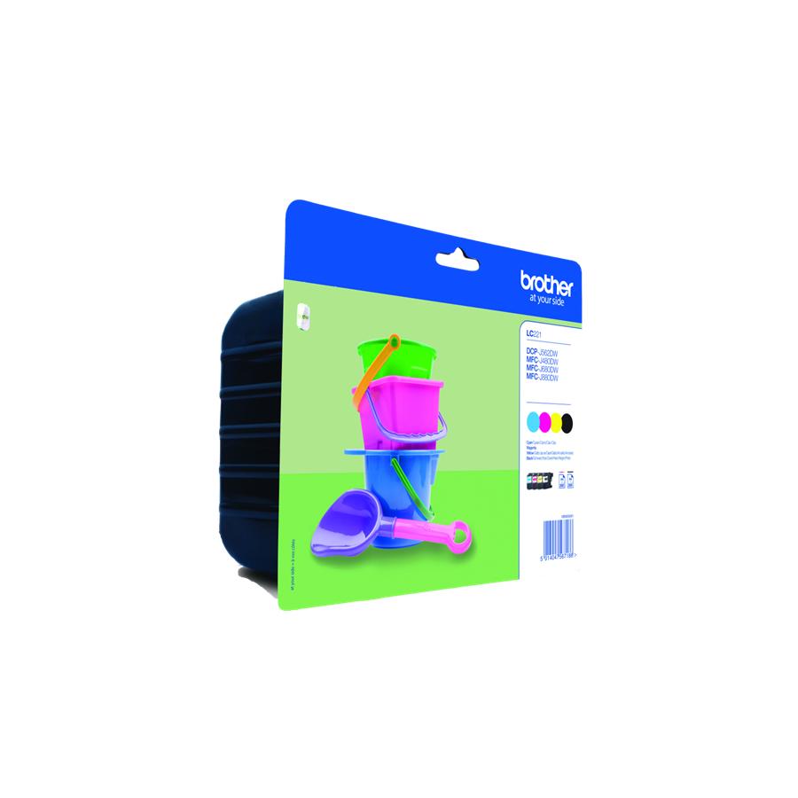Brother - Cartuchos de tinta LC221VALBP para impresoras Brother, pack negro, cian, magenta y amarillo con rendimiento ISO 24711 hasta 260 páginas por cartucho