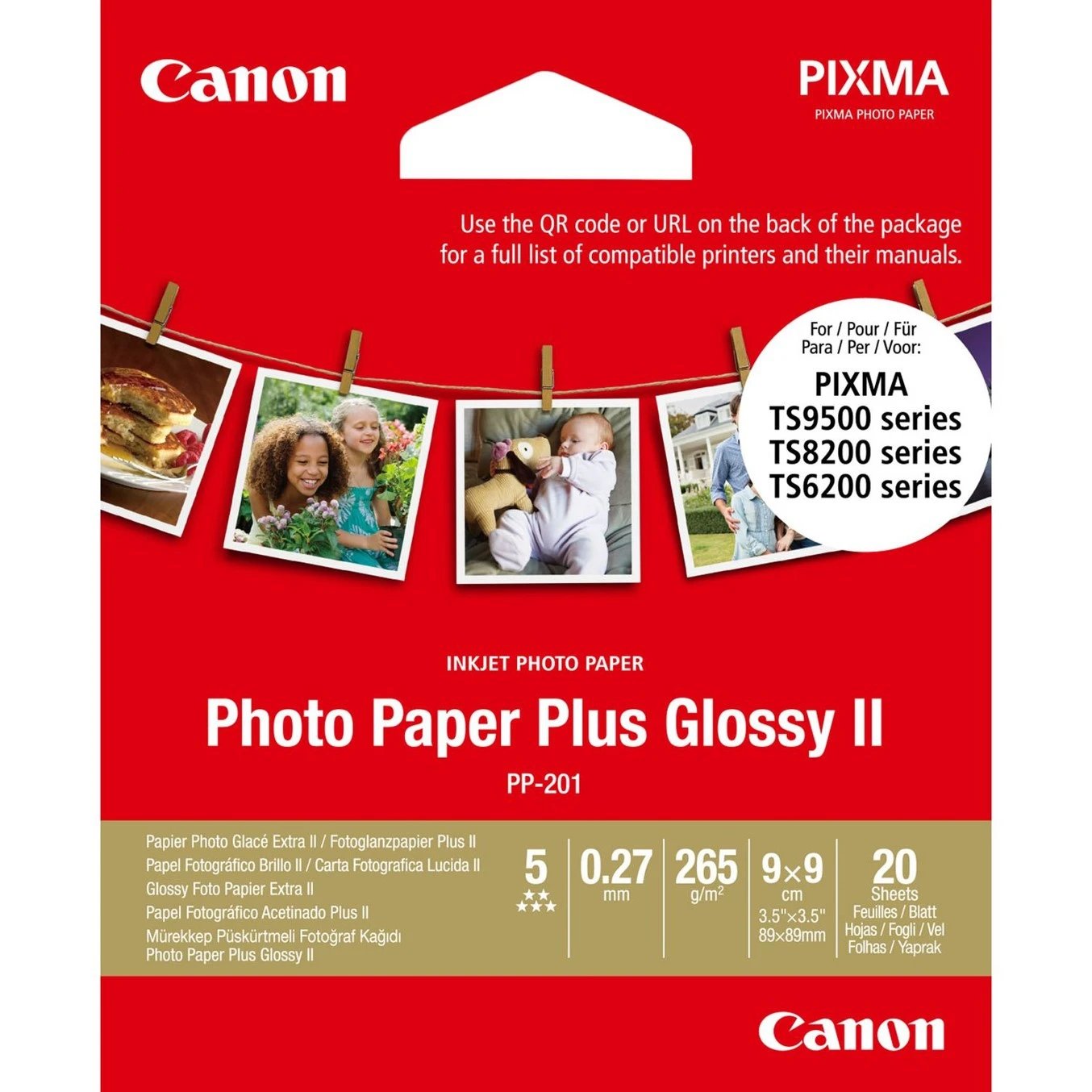 Canon - Papel fotográfico PP-201 modelo 2311B070 satinado de alta calidad para impresión con colores vibrantes y detalles nítidos, paquete de 20 hojas 9x9 pulgadas