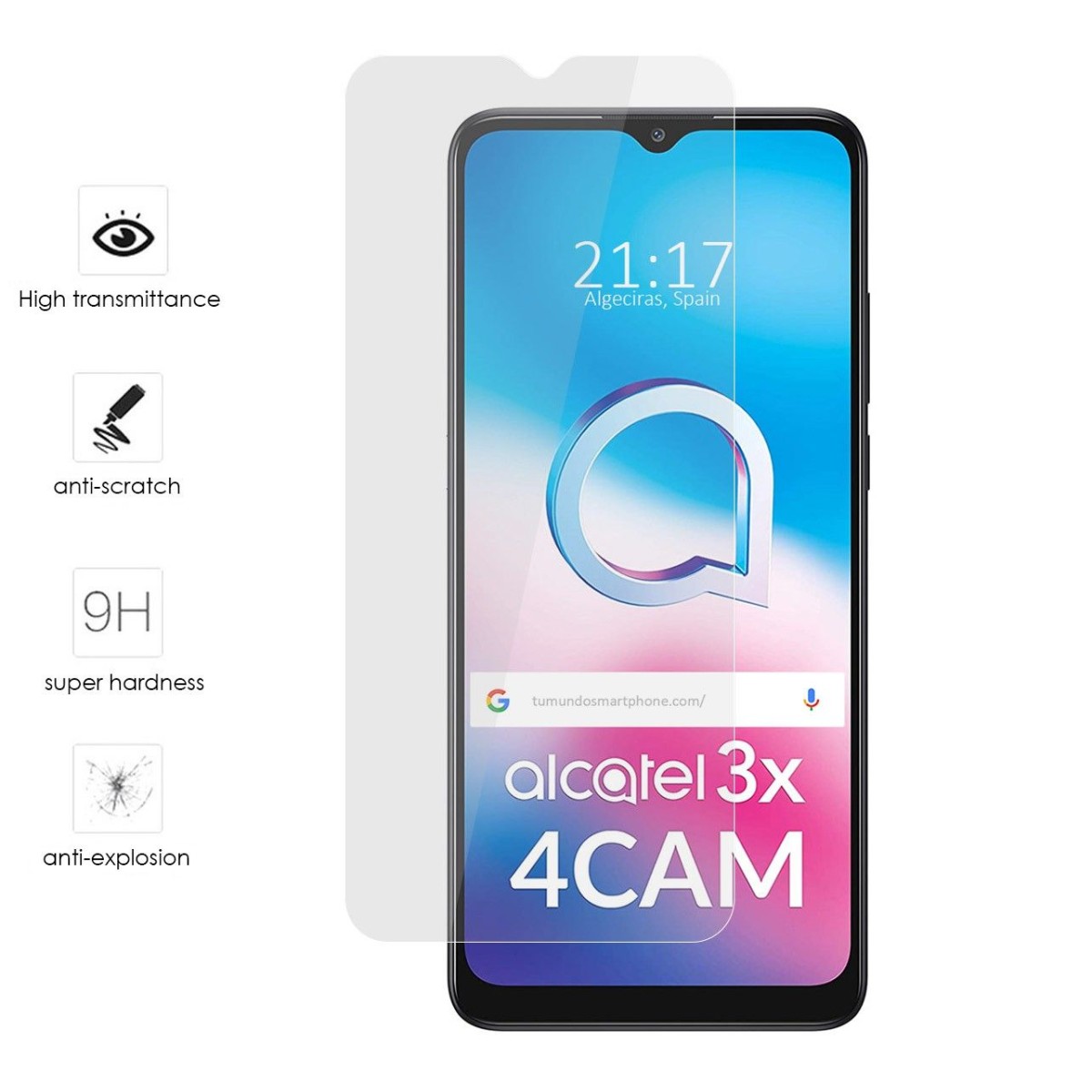 Tumundosmartphone Protector Cristal Templado para Alcatel 3X 4CAM Vidrio