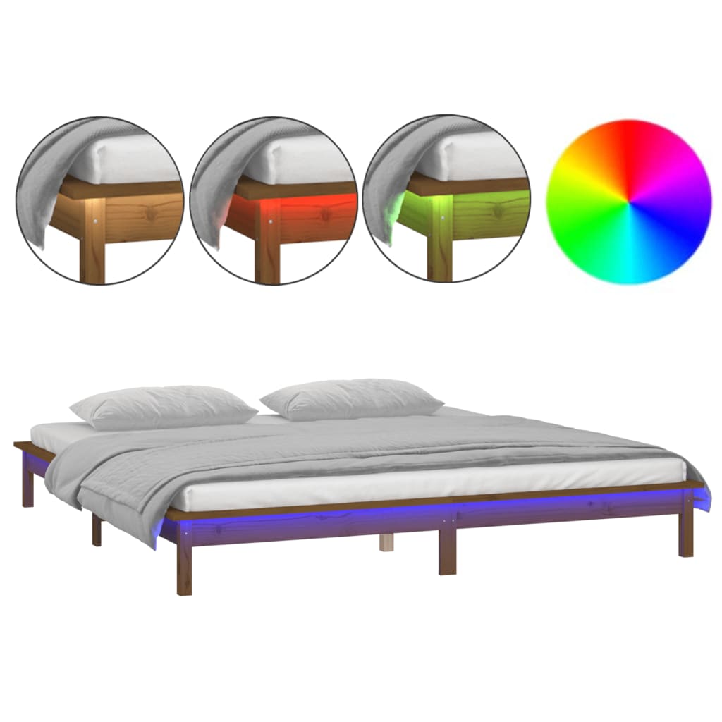 vidaXL Estructura de cama con LED madera maciza marrón miel 140x190 cm