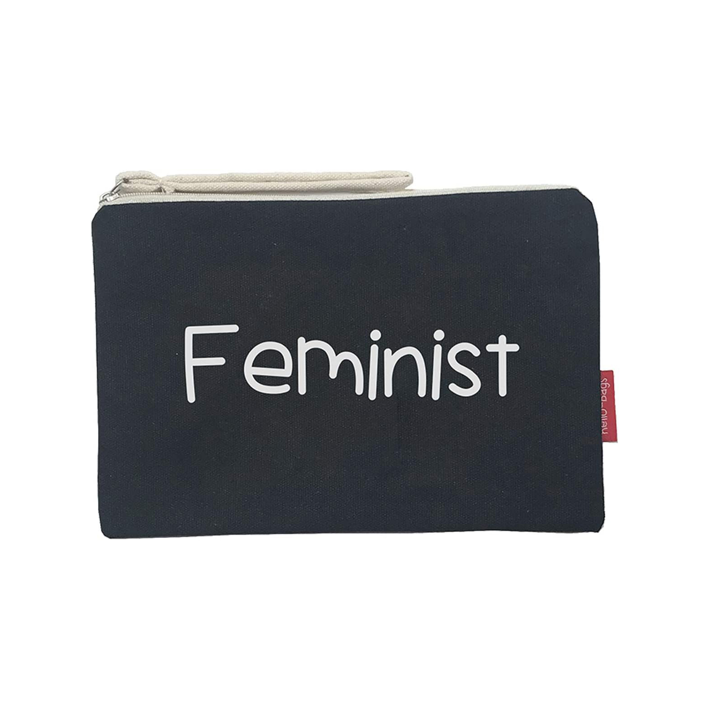 Hello-Bags. Bolso Neceser / Cartera de Mano con cremallera y forro interior. Exterior: Algodón 100%. Incluye sobre kraft de regalo. Modelo FEMINIST. Color: Crudo / Negro. 23x15,5 cm.