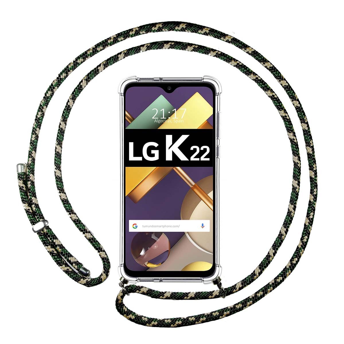Tumundosmartphone Funda Colgante Transparente para Lg K22 con Cordon Verde / Dorado
