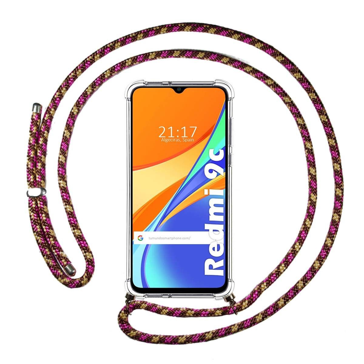 Tumundosmartphone Funda Colgante Transparente para Xiaomi Redmi 9C con Cordon Rosa / Dorado