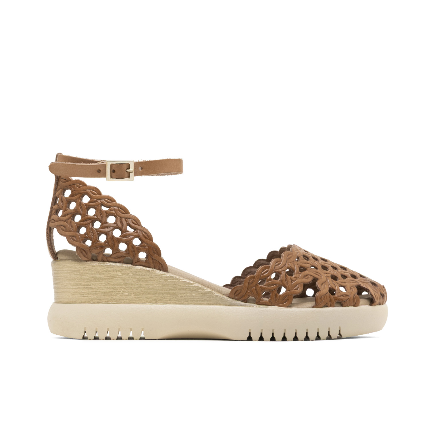 Sandalia de Cuña de Piel Trenzada Eva Taupe con Hebilla Ajustable, Comodidad Acolchada y Estabilidad Antideslizante, Hecha en España, Altura de 5 cm, Plataforma de 2 cm, Color Marrón, Disponible en Ta
