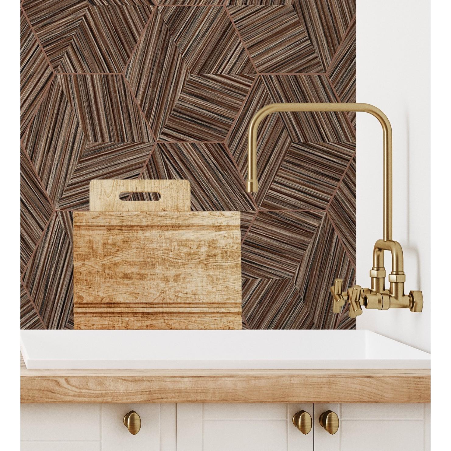 Papel pintado vinílico hexágonos marrón y líneas cobre en relieve - Maurice Metrix 681676 de GAULAN - Rollo de 10 m x 1,06 m