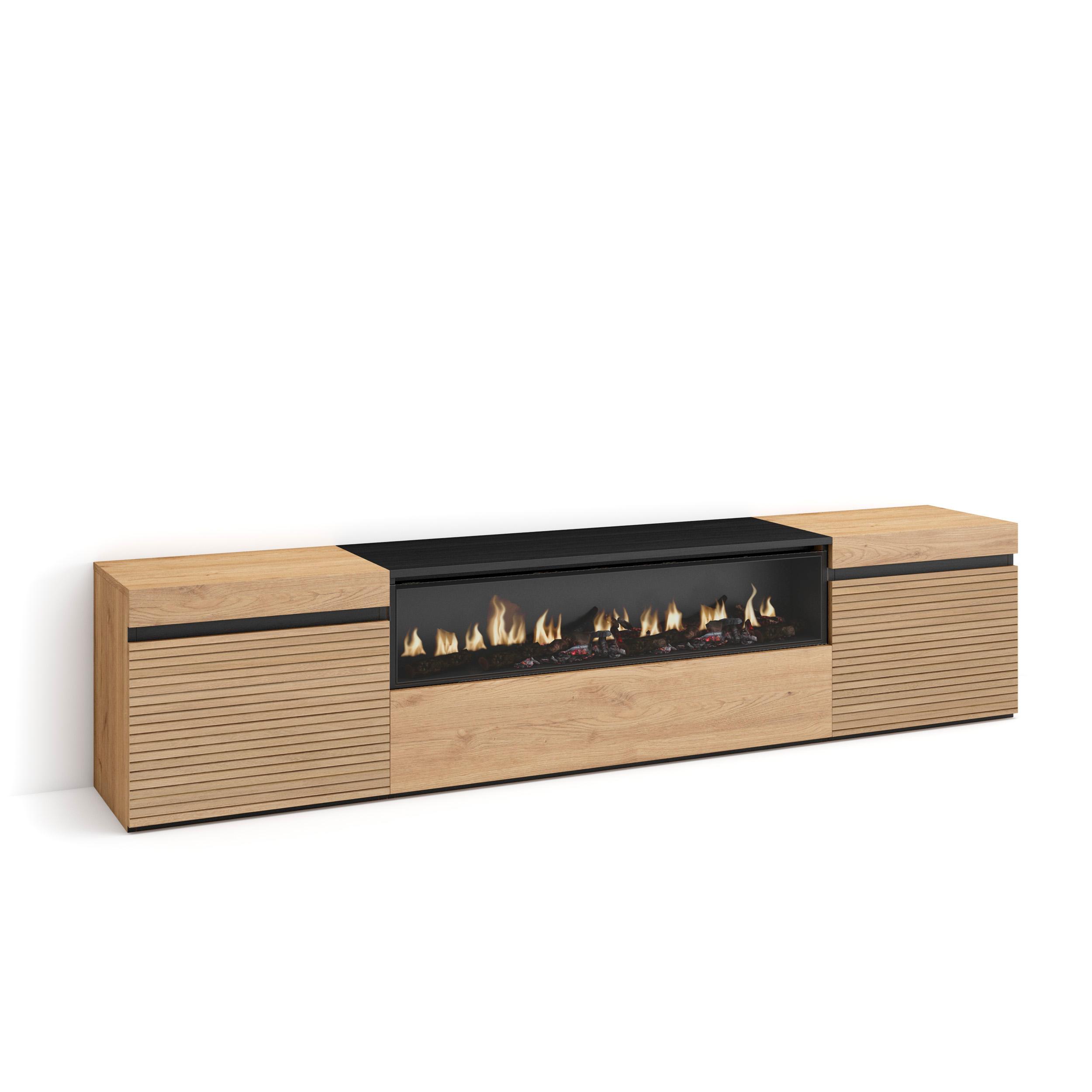 Skraut Home, Mueble TV, Televisión, Muebles de salón, almacenaje, 200x35x45cm, Para TV hasta 80", Chimenea eléctrica, Estilo Moderno, color Roble