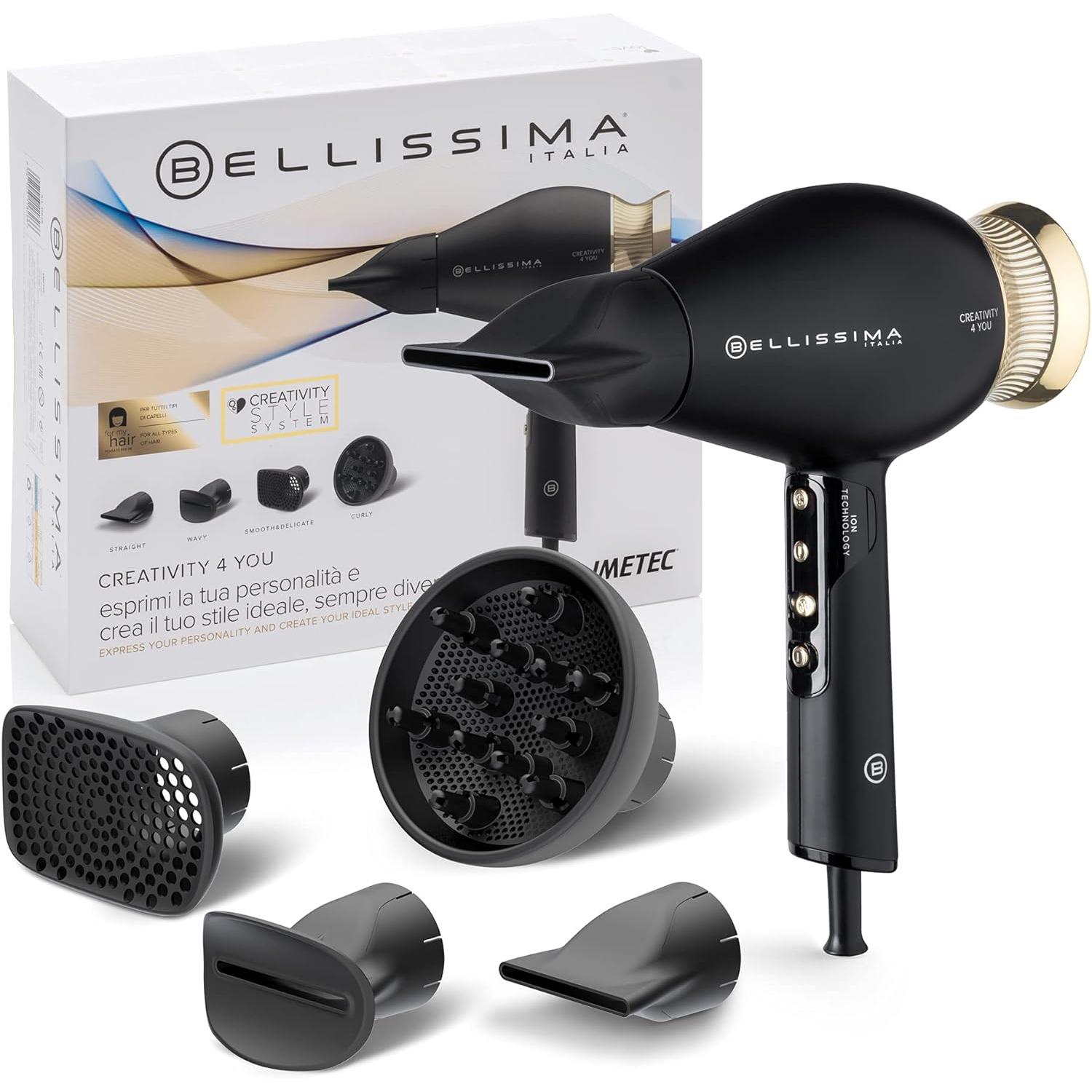 Bellissima Creativity 4 You - Secador de Pelo 1800W con Accesorios, Tecnología Iónica, Acabado Negro y Dorado.