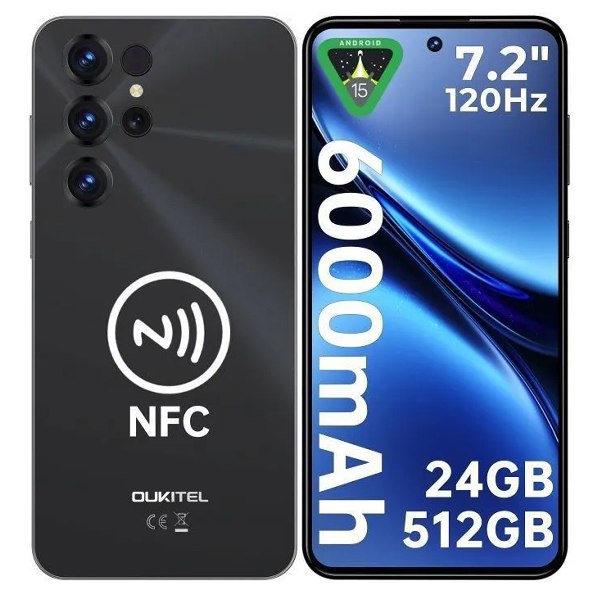 Oukitel C68 Teléfono Movil - 24gb + 512gb 7.2" 120Hz 6000mah 64mp Android 15 Nfc Dual Sim 4g Smartphone Libres, Negro
