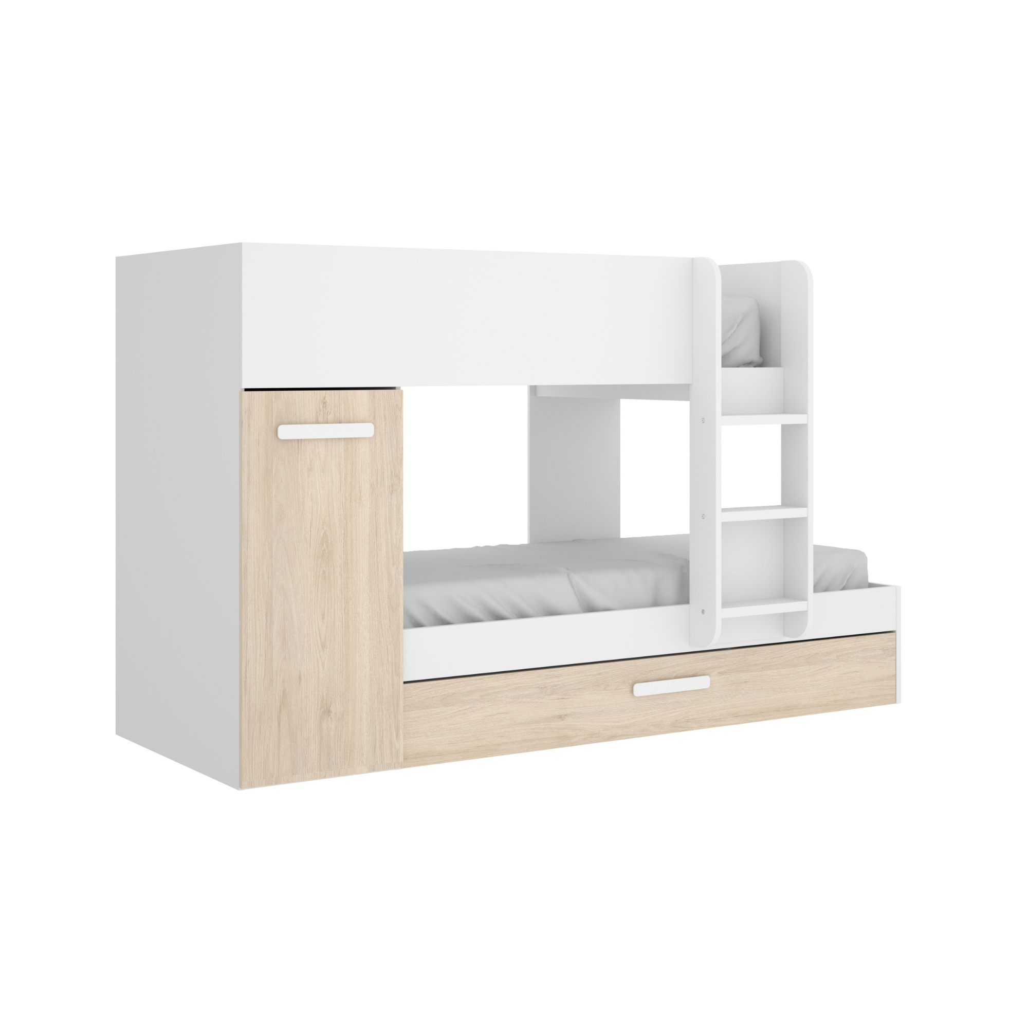 Dekit Cama Tren 3 Camas con Armario y Arrastre 150x244x112 - Blanco/Natural