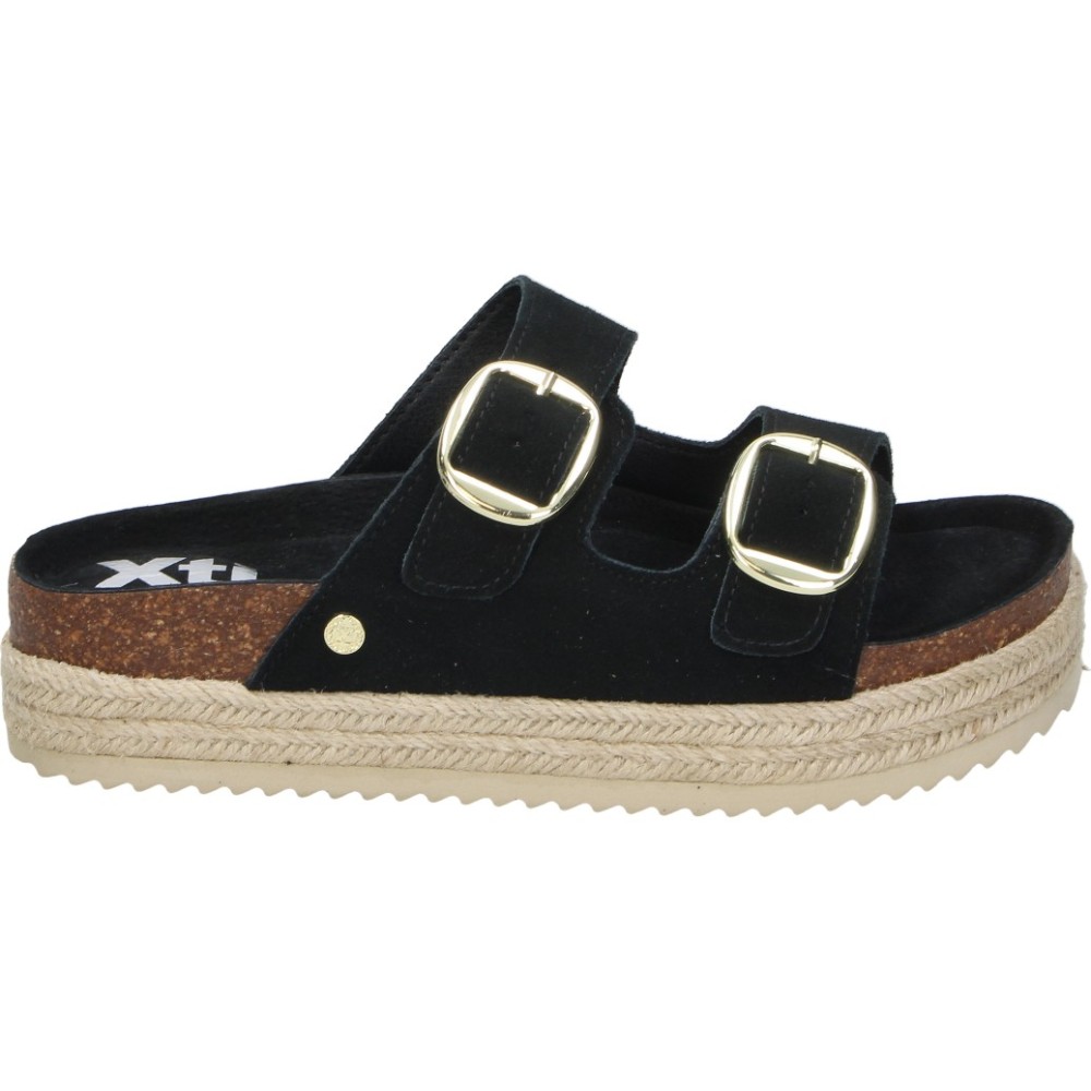 XTI | Sandalias con Plataforma XTI para Mujer – Sandalia Destalonada en Color Negro – Sandalia con Hebilla Slip On – Plataforma Media y Cómoda – con Esparto – Versátiles – Modelo 143635