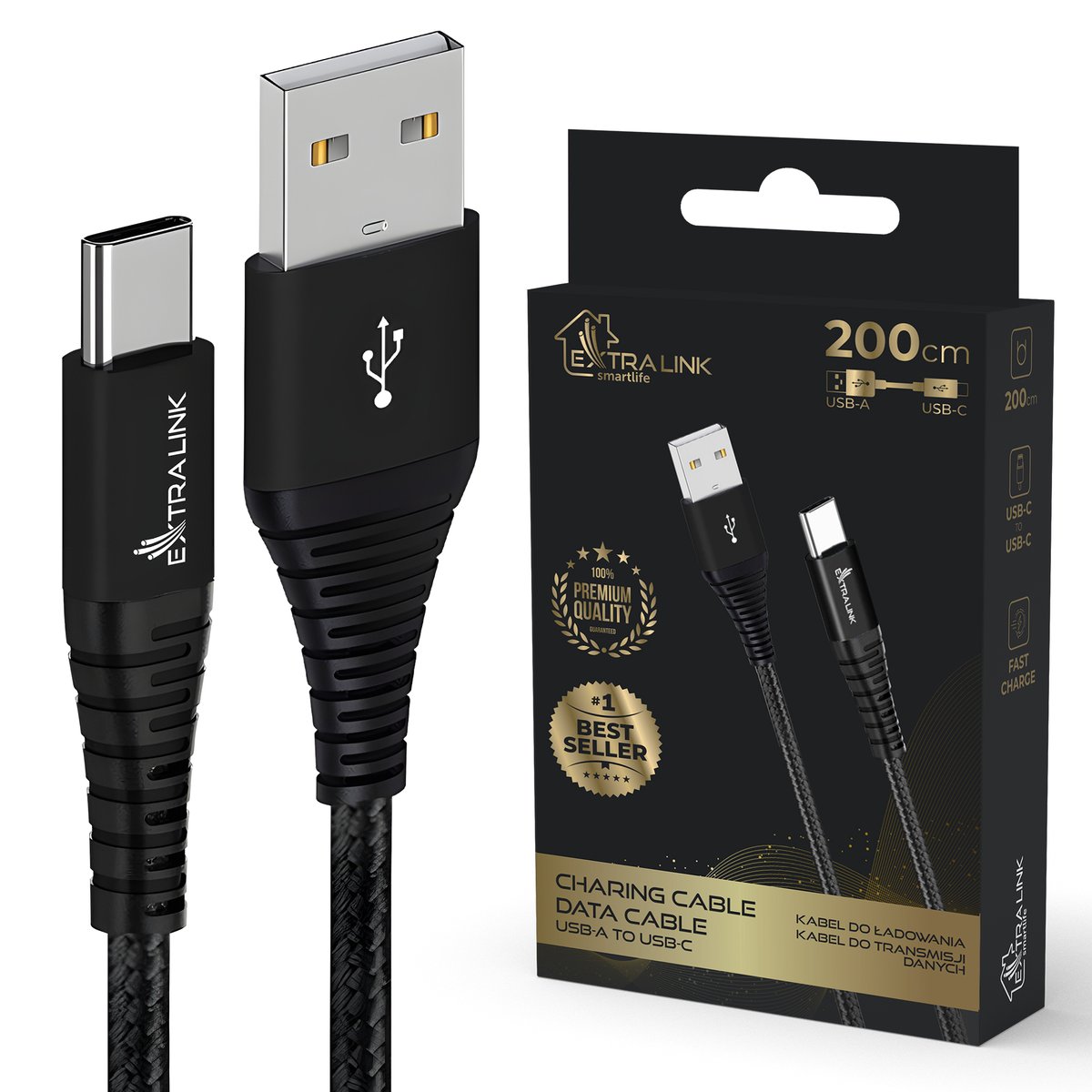 Extralink smart life braided 15w usb type-a to type-c 2m negro cable usb 5v 3a