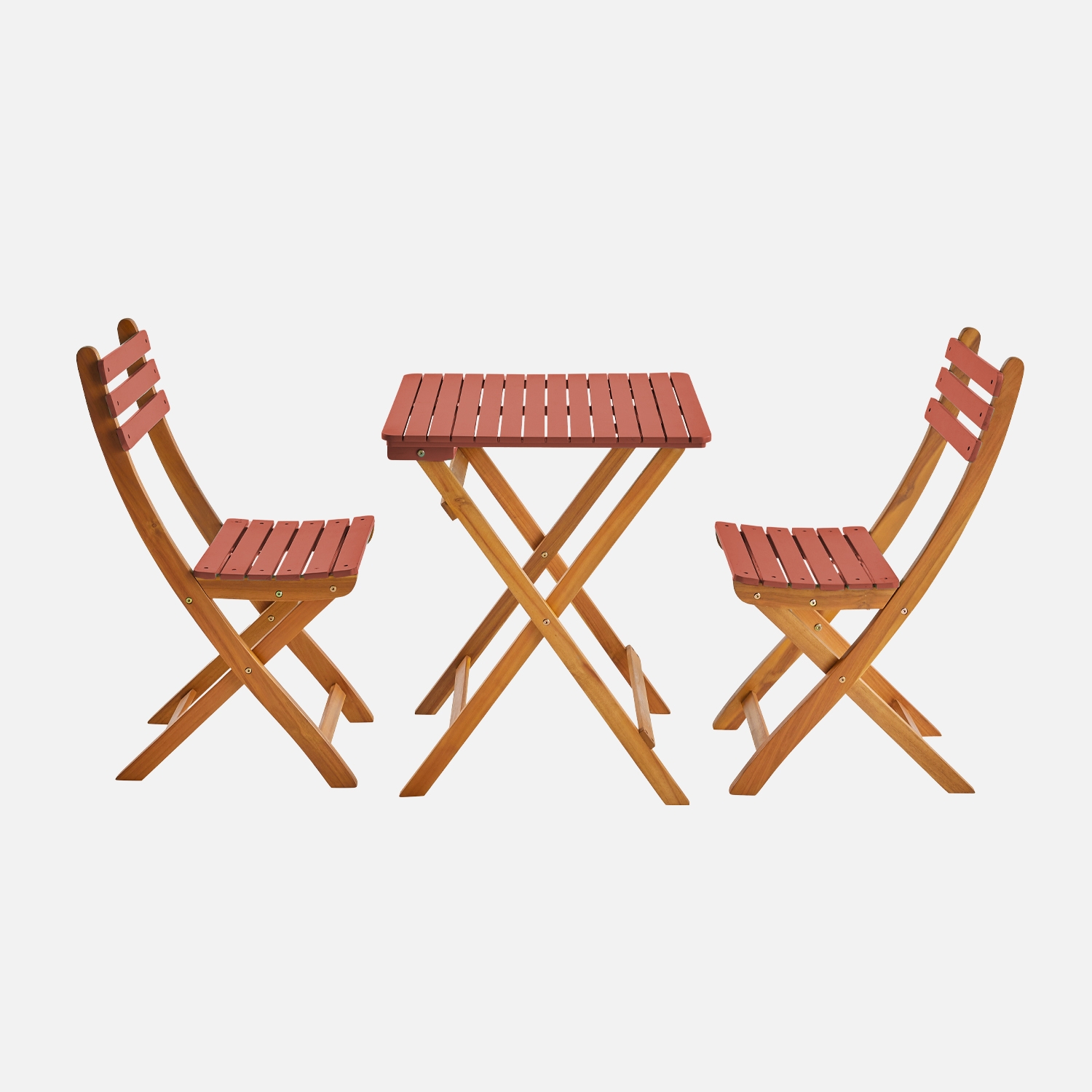 sweeek - Mesa de jardín de madera de acacia con 2 sillas plegables , Hilora , 60x60x8