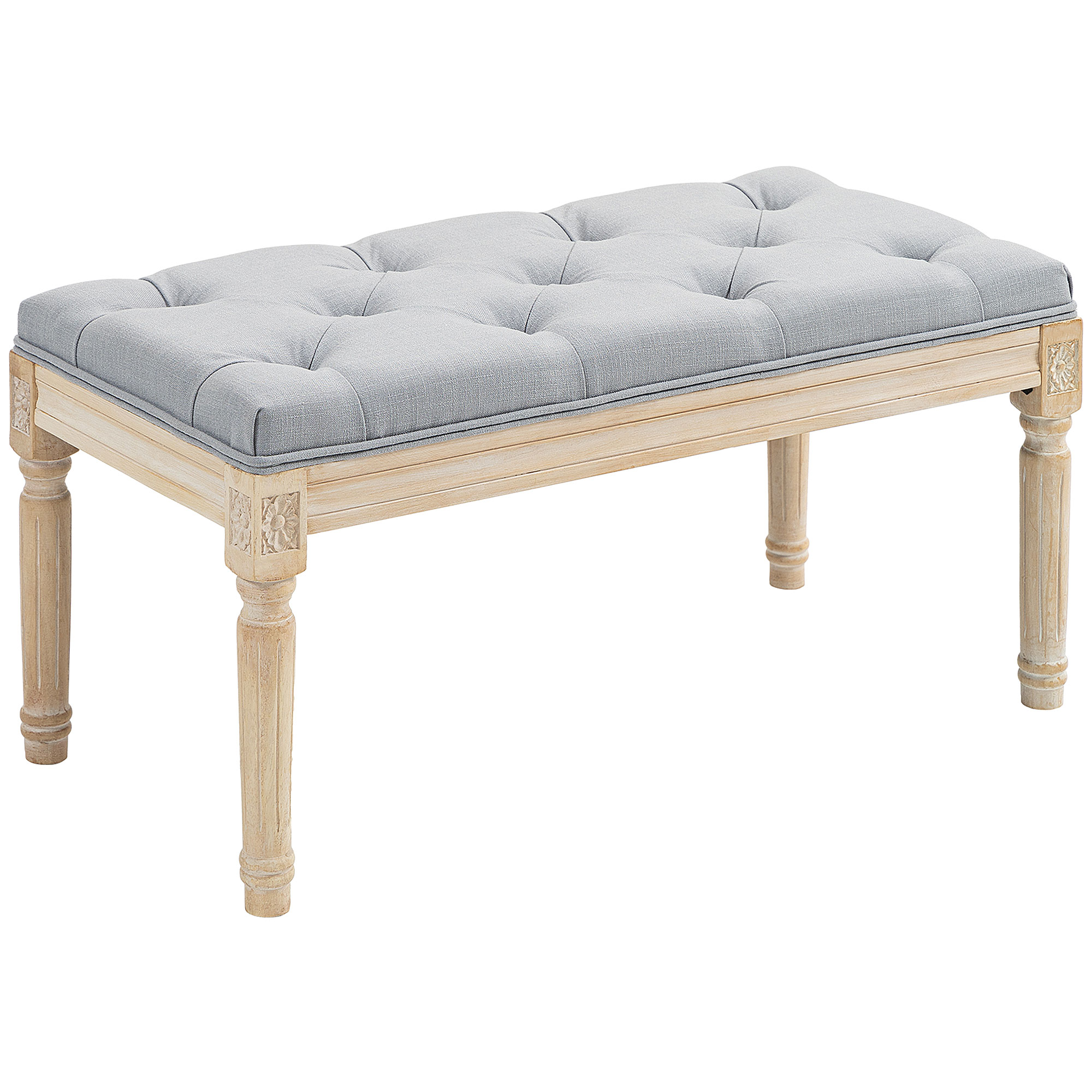 HOMCOM Banco Pie de Cama, Taburete Pie de Cama Tapizado en Lino Sintético con Patas de Madera y Asiento Acolchado, Estilo Vintage, Banco para Dormitorio, Entrada, Pasillo, Gris Claro
