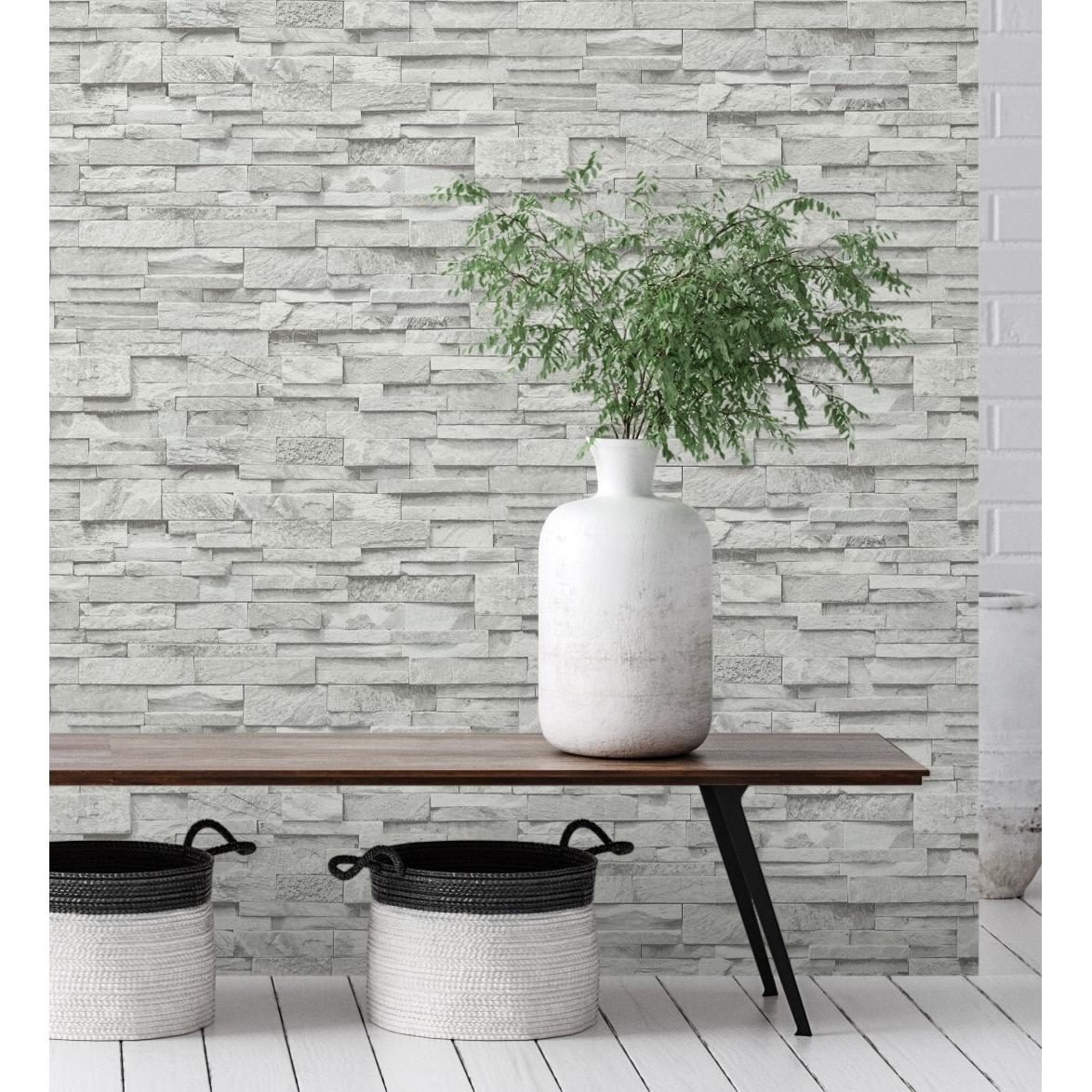 Papel pintado vinílico lavable imitación muro de piedra pizarra blanca textura en relieve - Austin Stone 127673 de GAULAN - Rollo de 10 m x 0,53 m