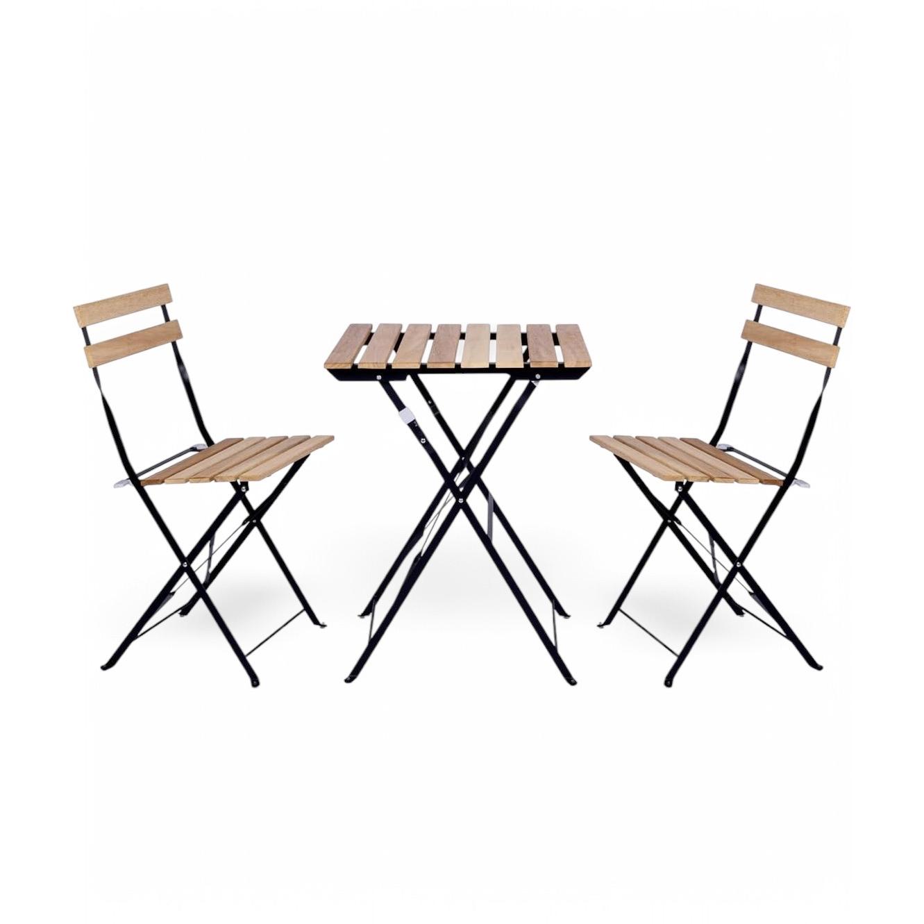 ORION91 Set 3 Piezas Balcón BALCONI Plegable 1 Mesa (72x55x55 cm) + 2 Sillas (82x44x39 cm) Estructura Acero Color Negro Acabado en Madera Jardín Exterior Interior - SpazioLuzio