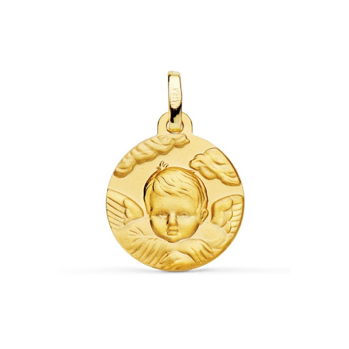 Medalla oro 18k Ángel Niño 16mm. detalle nubes relieve redonda acabado matizado