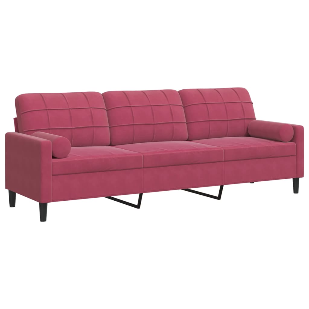 vidaXL Sofá de 3 plazas con cojines terciopelo rojo tinto 210 cm