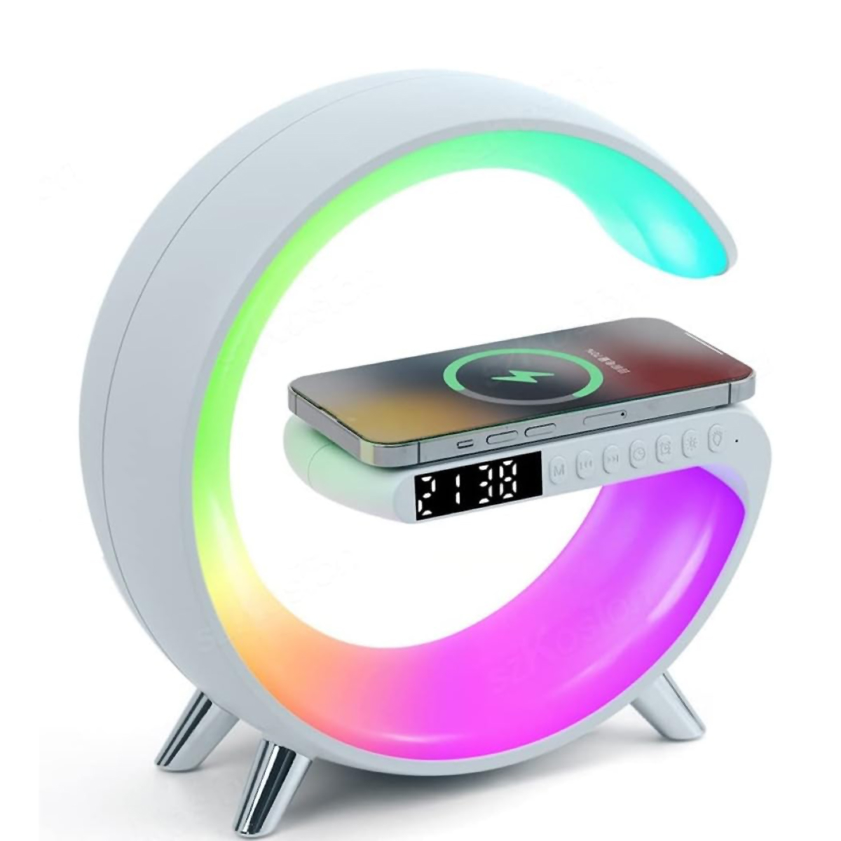 Klack - Klack® Lámpara de ambiente con altavoz Bluetooth, reloj despertador y cargador inalámbrico tipo G