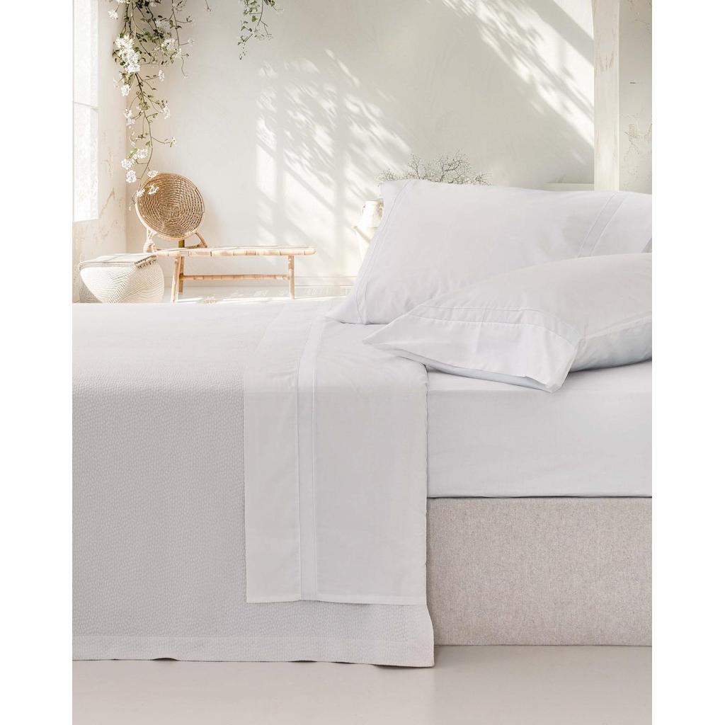 Juego de Sábanas 100% Algodón, Percal Peinado 200 Hilos, Color Blanco-Blanco, Vidal Home
