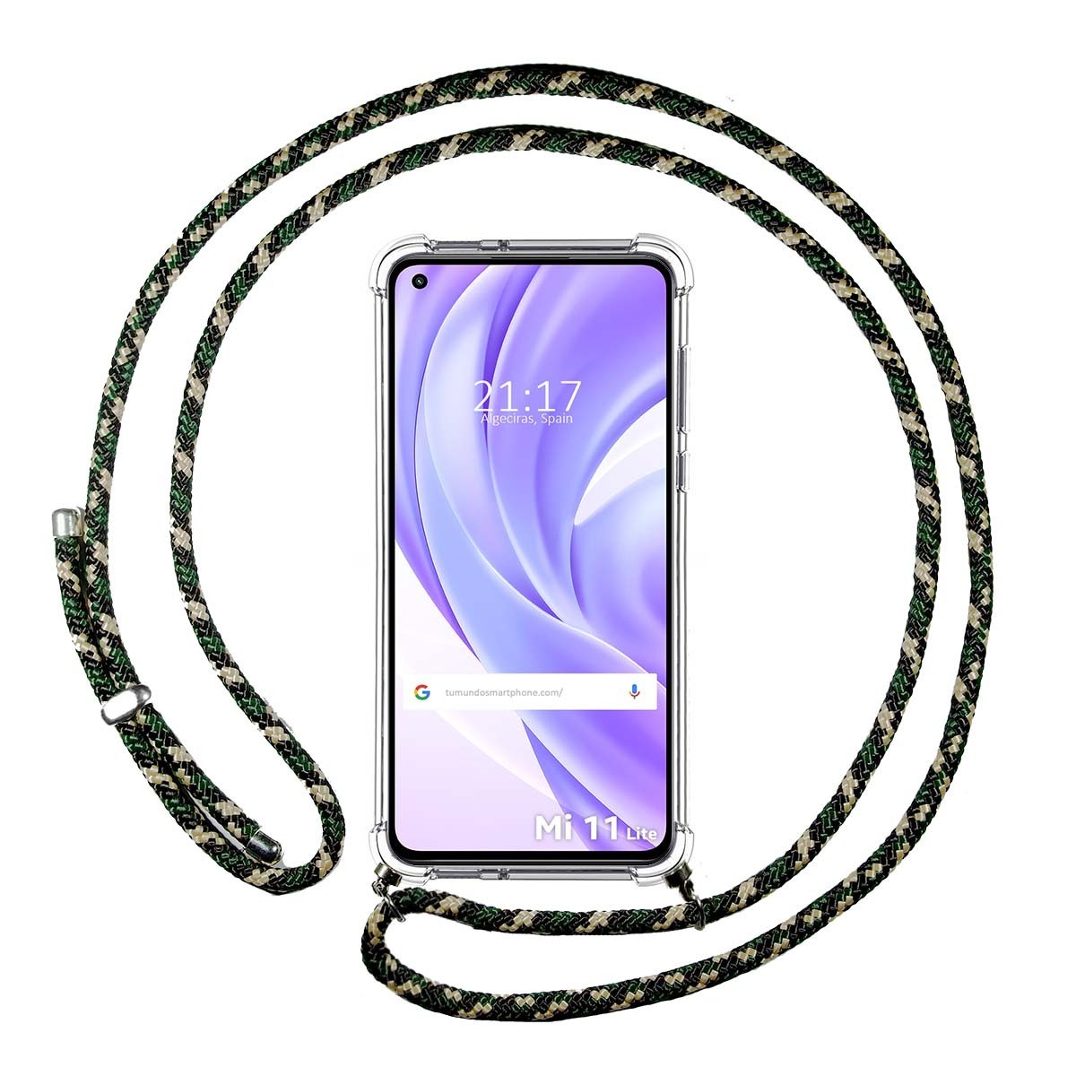 Tumundosmartphone Funda Colgante Transparente para Xiaomi Mi 11 Lite 4G / 5G / 5G NE con Cordon Verde / Dorado