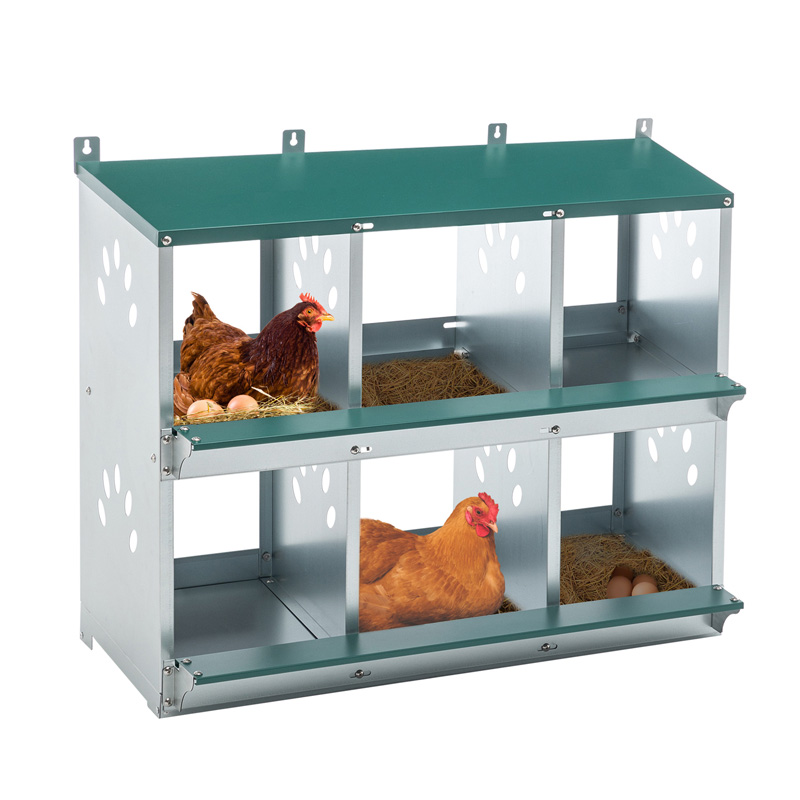 Pondoir à poules vert en métal avec 6 compartiments et système de récupération des œufs