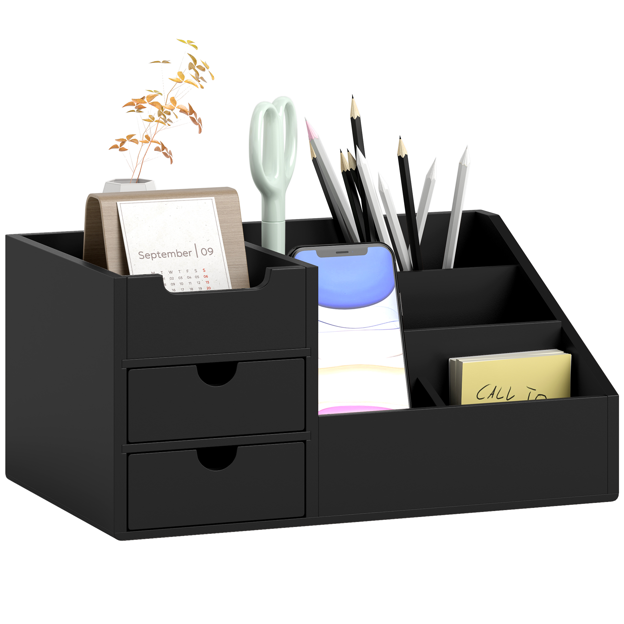 HOMCOM Organizador de Escritorio de Bambú Sistema de Escritorio Organizador de Mesa para Oficina Multifuncional 33x20.5x15.5cm