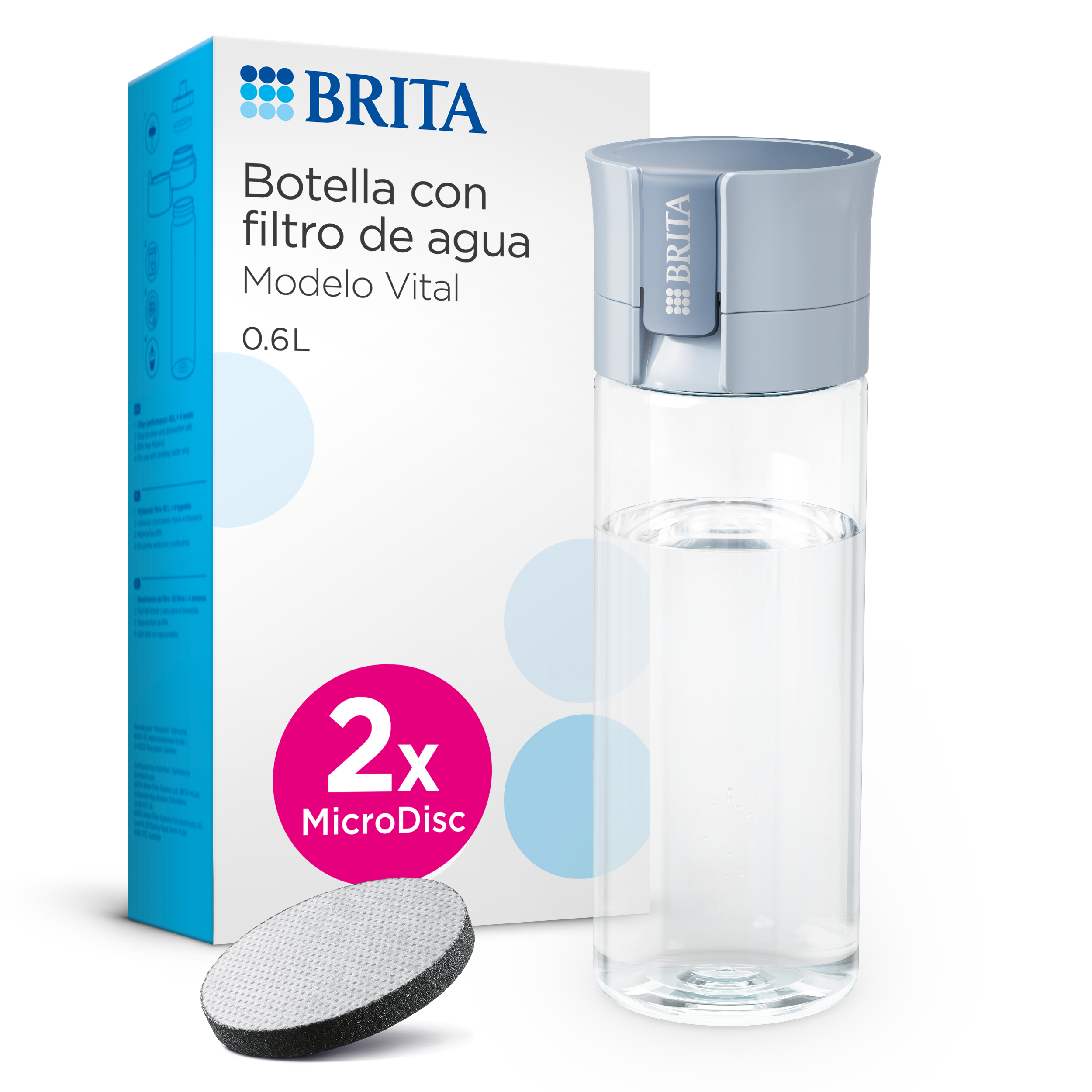 BRITA Botella Filtrante de Agua_ Mod. VITAL Azul Claro (600 ml)_ Incluye 2 filtros MicroDisc_ para hidratarse en cualquier lugar_ elimina cloro_ impurezas_ hormonas y preserva minerales